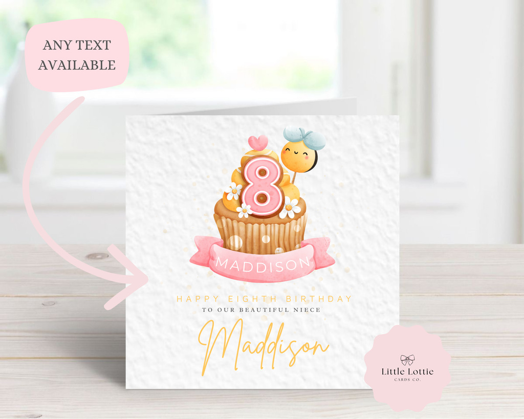 Personalised Cupcake Birthday Card - Cute Watercolour Cupcake with bee & Heart Illustration