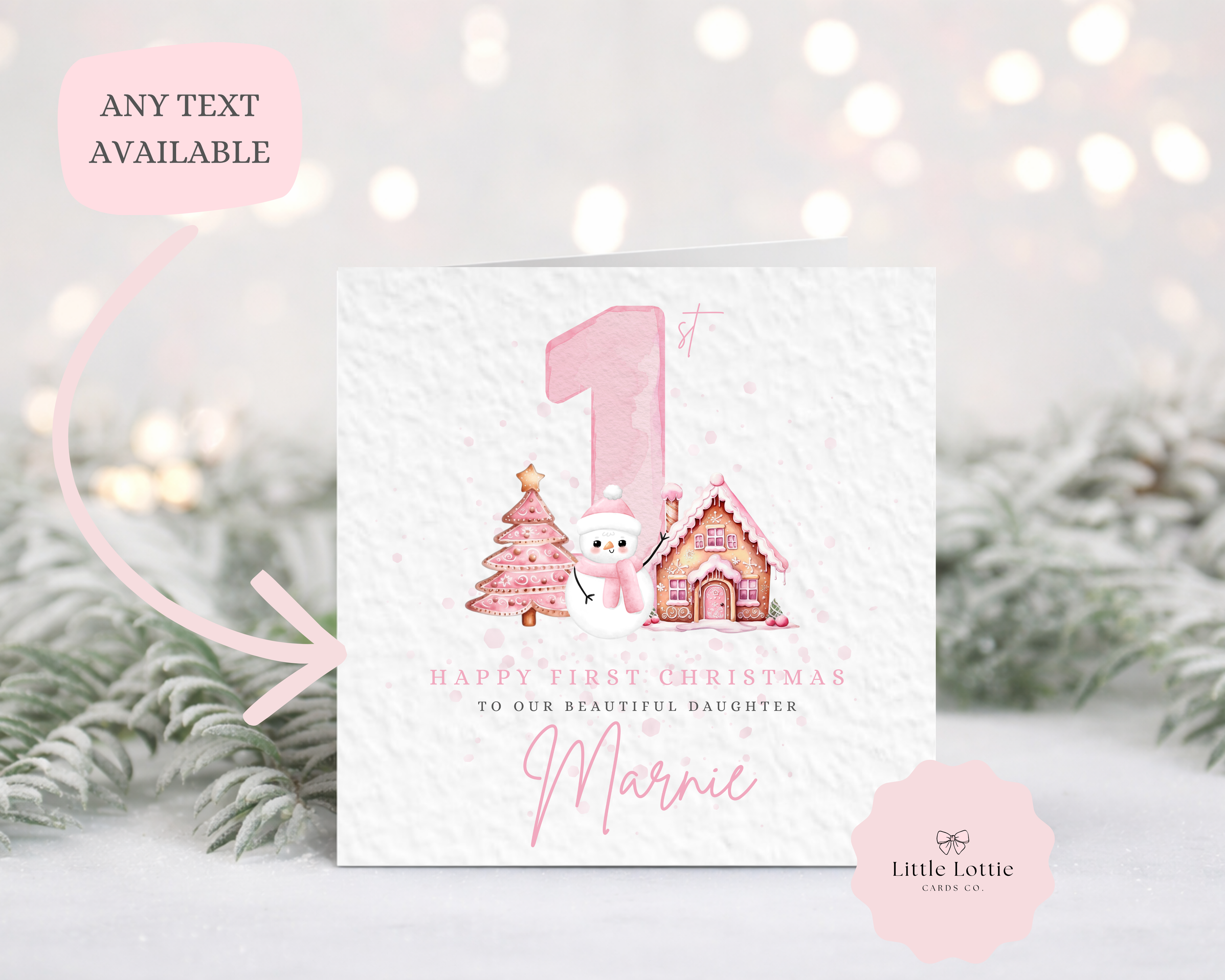 Personalised Baby Girl First Christmas Card - Watercolour Winter snowman design