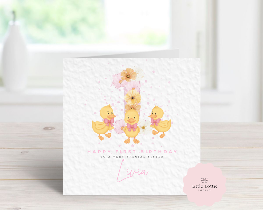 Personalised Children's Birthday Card - Cute Watercolour Floral Ducklings Illustration