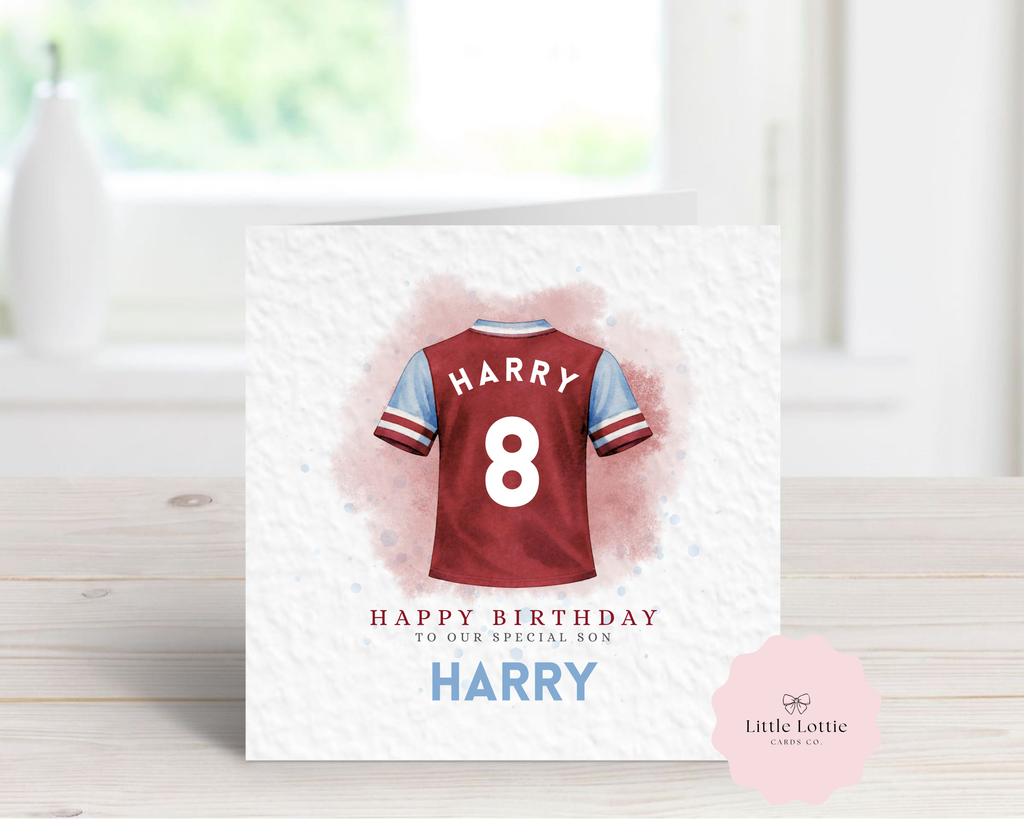 Personalised Football Shirt Birthday Card - West Ham Inspired Claret & Blue - Any Name & Age - Custom Sports Birthday Card for Son, Dad, Brother - Large 6" Square