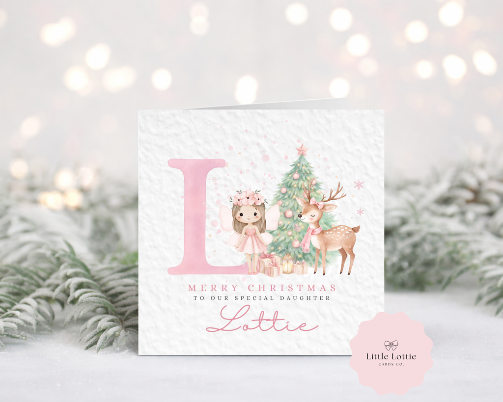 Personalised Christmas Card - Pink Initial Fairy & Deer Character
