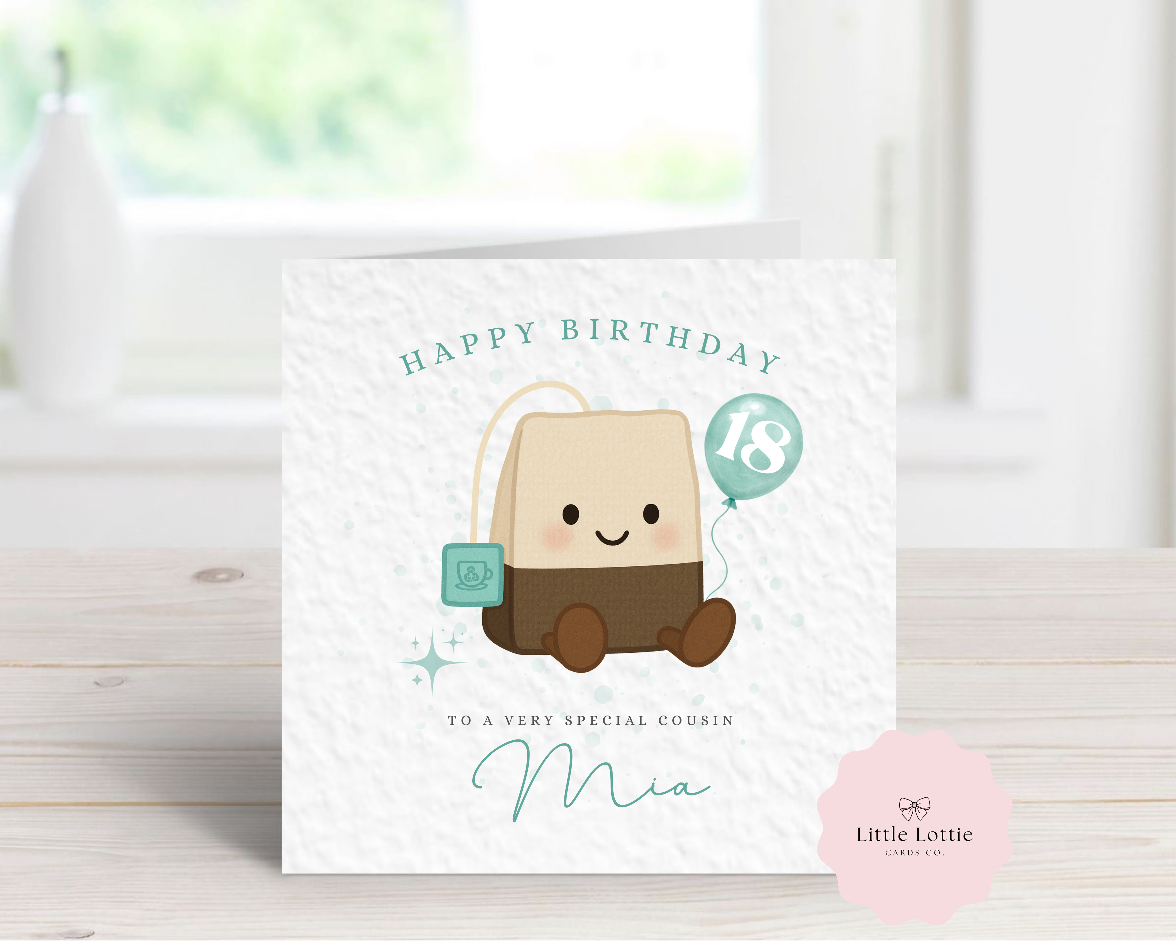 Personalised Tea Bag Birthday Card - Any Name & Age - Cute Kawaii Tea Illustration with Teal Balloon - Custom Birthday Card for Cousin, Sister, Friend - Large 6" Square