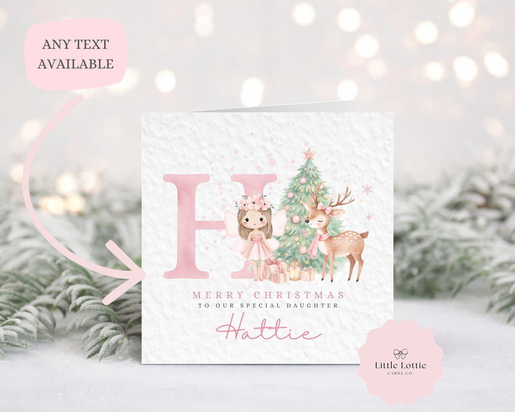 Personalised Christmas Card - Pink Initial Fairy & Deer Character