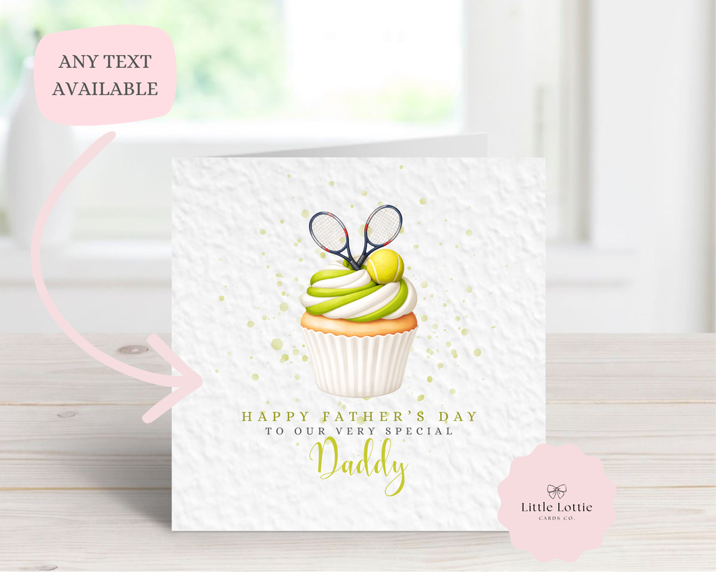 Personalised Tennis Cupcake Card - Watercolor Tennis Rackets & Ball Design - Custom Name & Relation - Luxury 6" Square Card for Dad, Grandad, Son - Perfect for Father's Day or Birthdays
