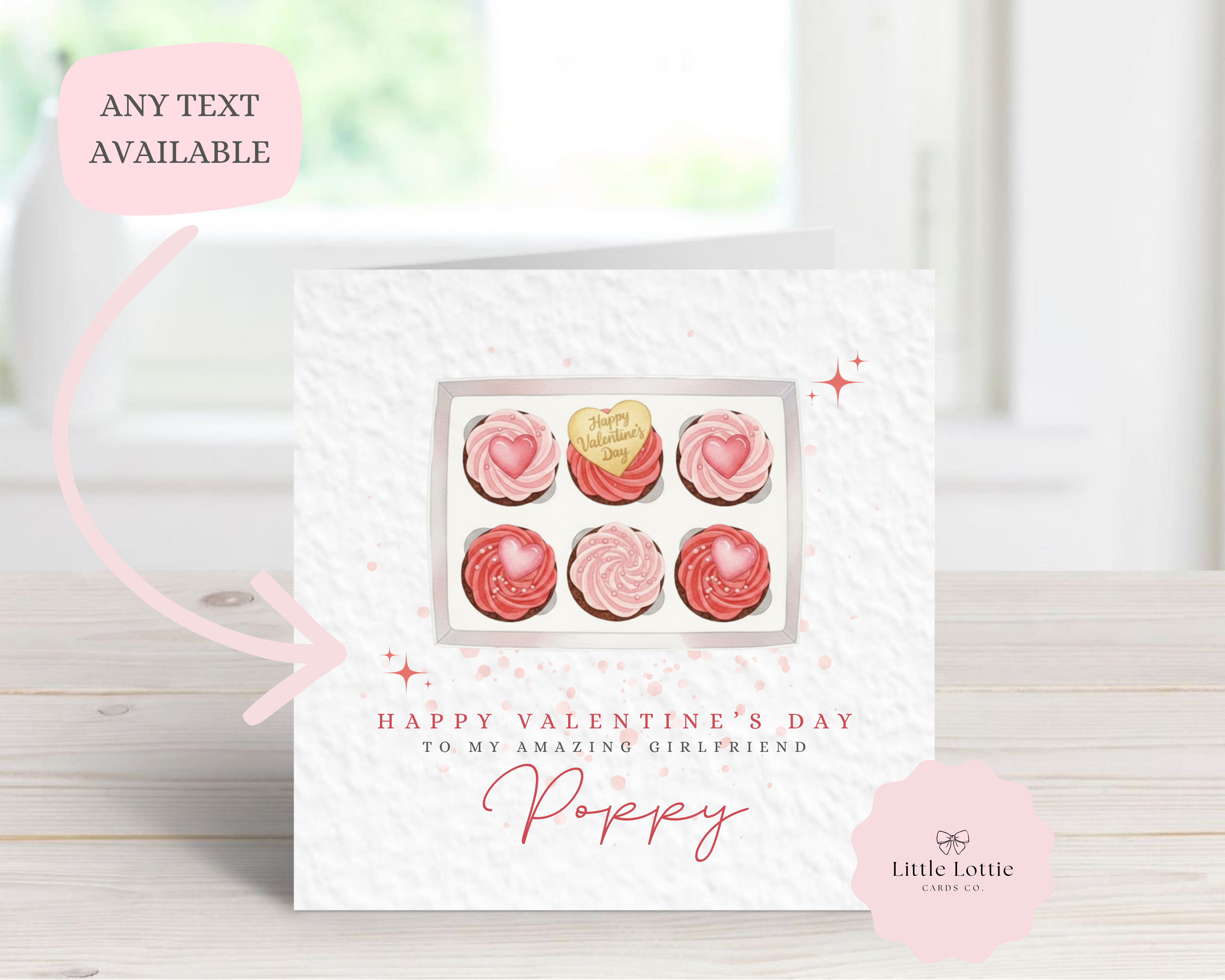 Personalised Valentine’s Day Card - Any Name & Relation - Pink Cupcake Box Illustration - Custom Valentine Card for Girlfriend, Wife or Fiancée