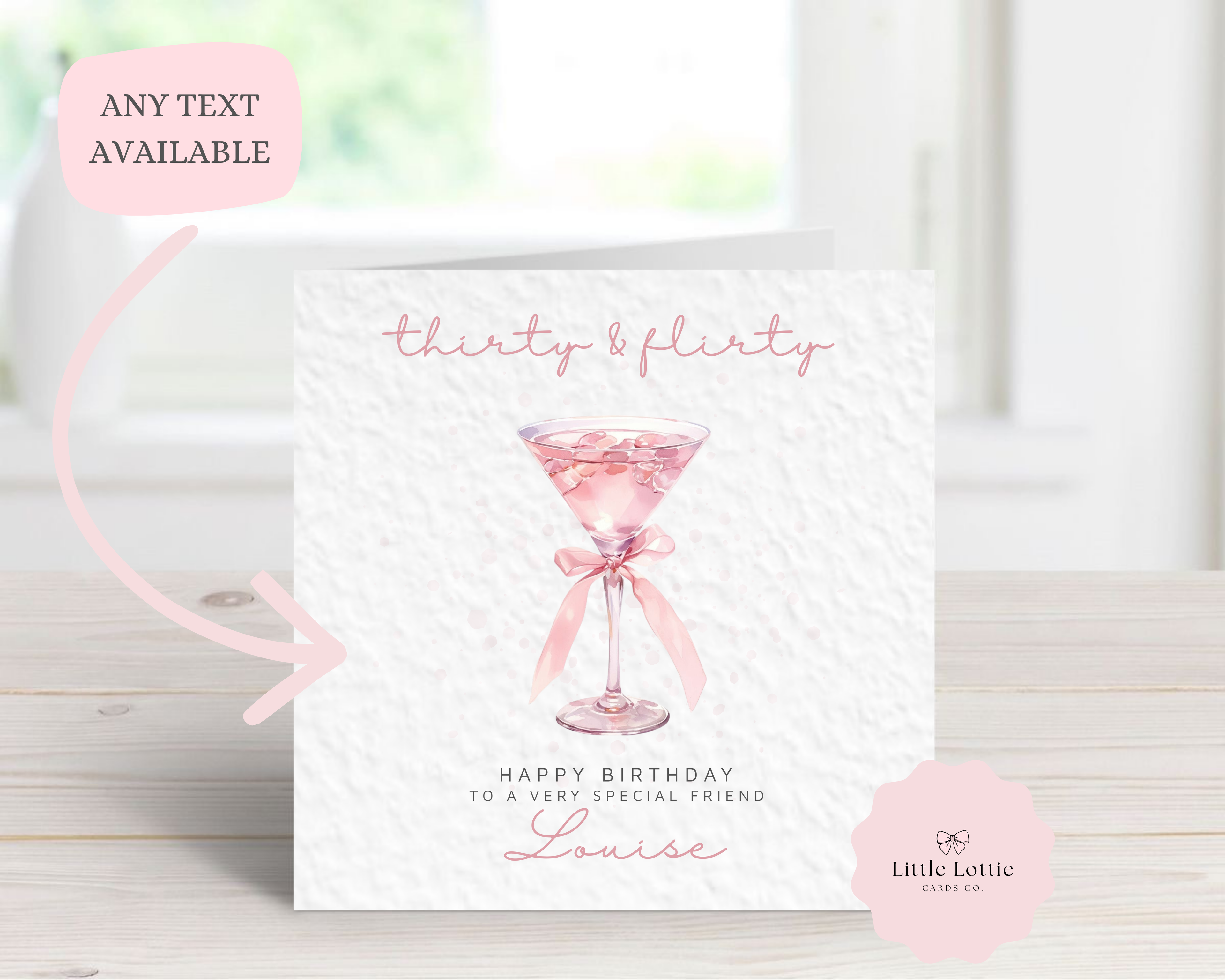 Personalised 30th Birthday Card - "Thirty & Flirty" Pink Cocktail Illustration - Custom Name & Relation - Luxury Card for Best Friend, Sister or Daughter