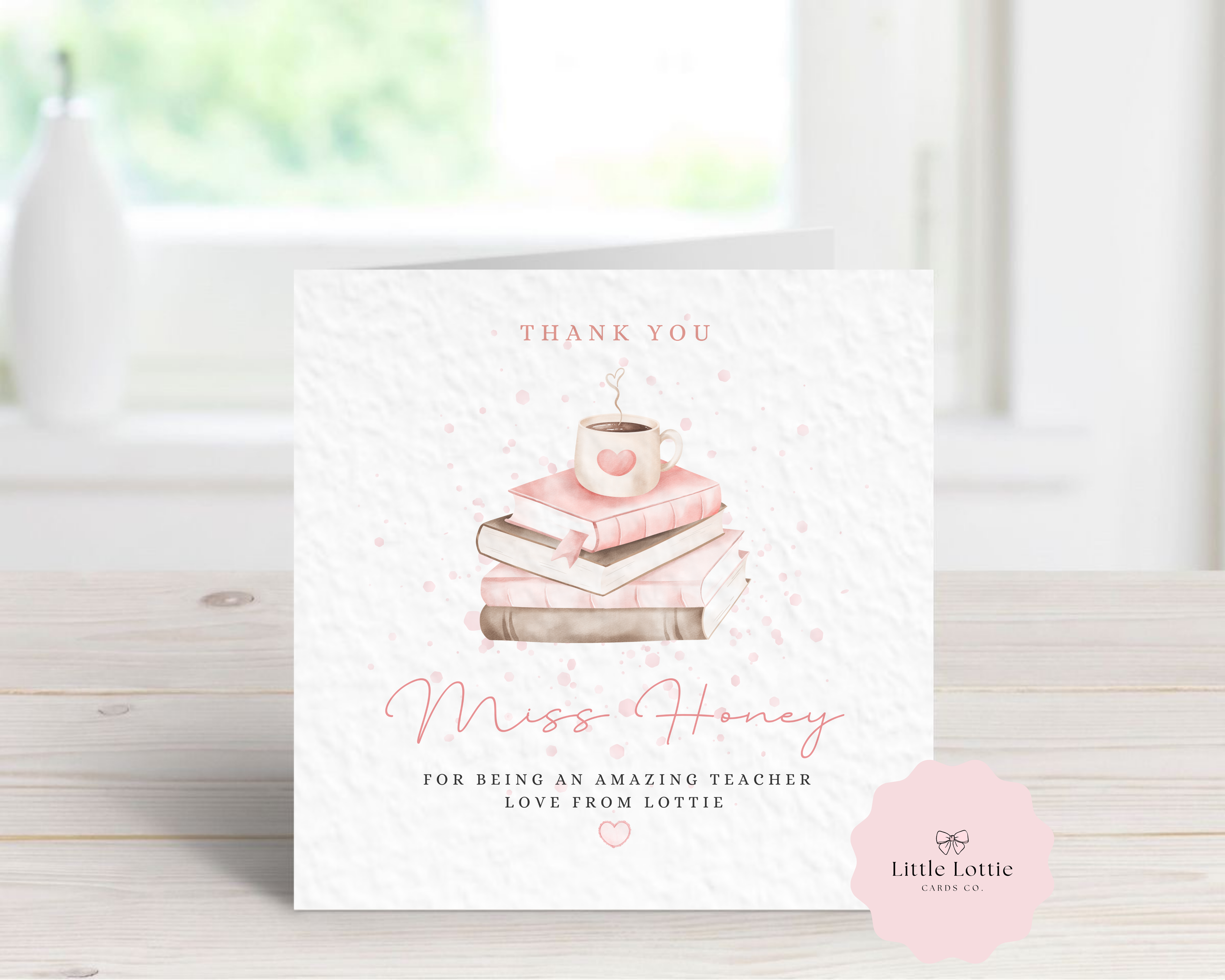 Personalised Teacher Thank You Card - Watercolour Books & Coffee Mug Design