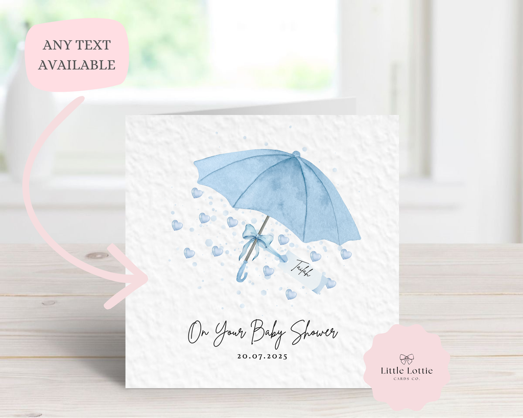 Personalised Blue Umbrella Baby Shower Card - Any Name, Date & Relation - Cute Watercolor Heart Rain Design - Custom Baby Boy Shower Card