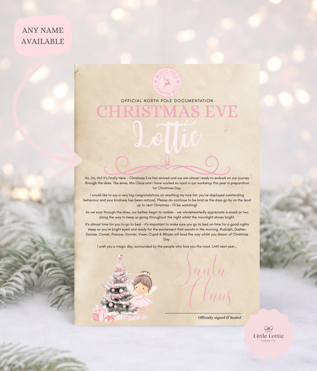 Personalised A4 Santa Letter - Pink Winter Fairy Design - Luxury Antiqued Paper