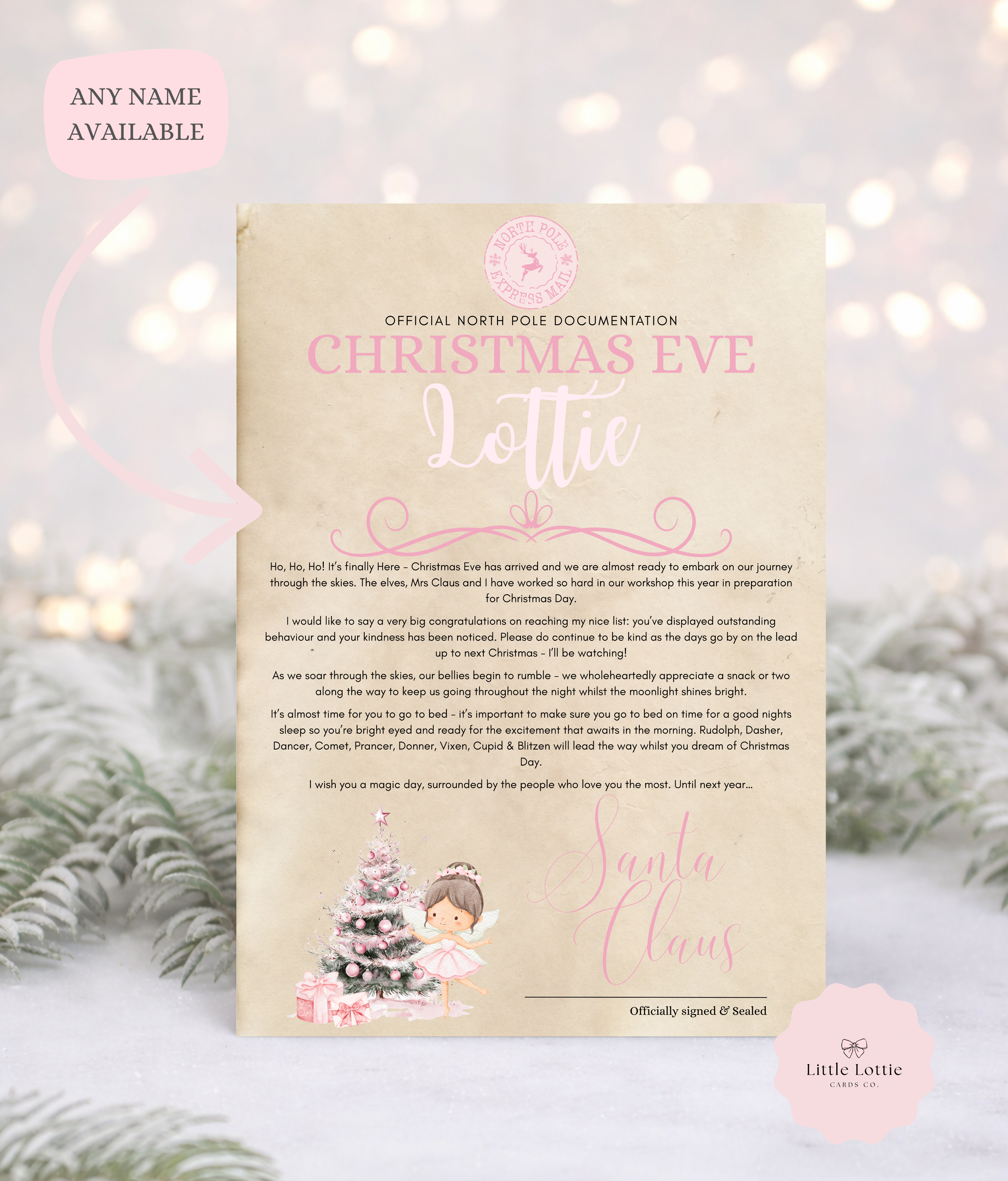 Personalised A4 Santa Letter - Pink Winter Fairy Design - Luxury Antiqued Paper