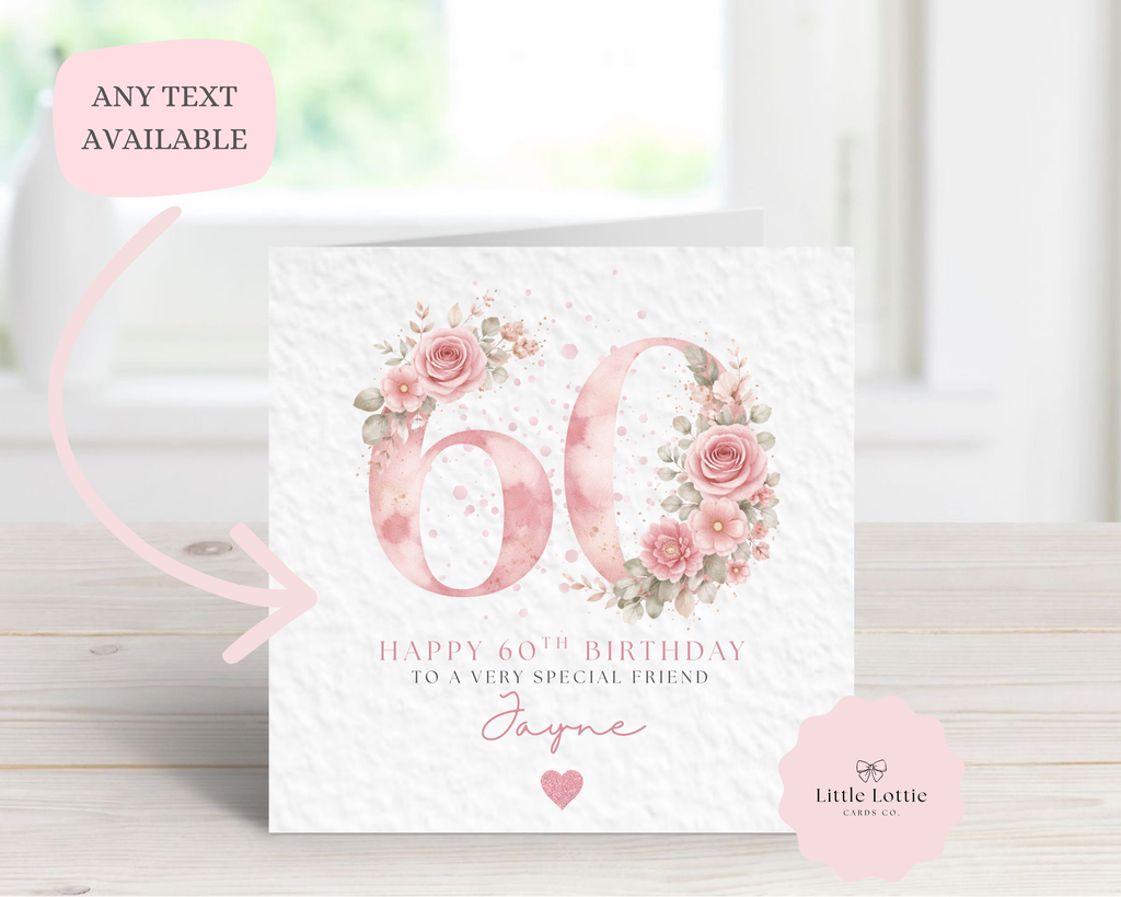 Personalised 60th Birthday Card - Pink Floral Watercolour Design