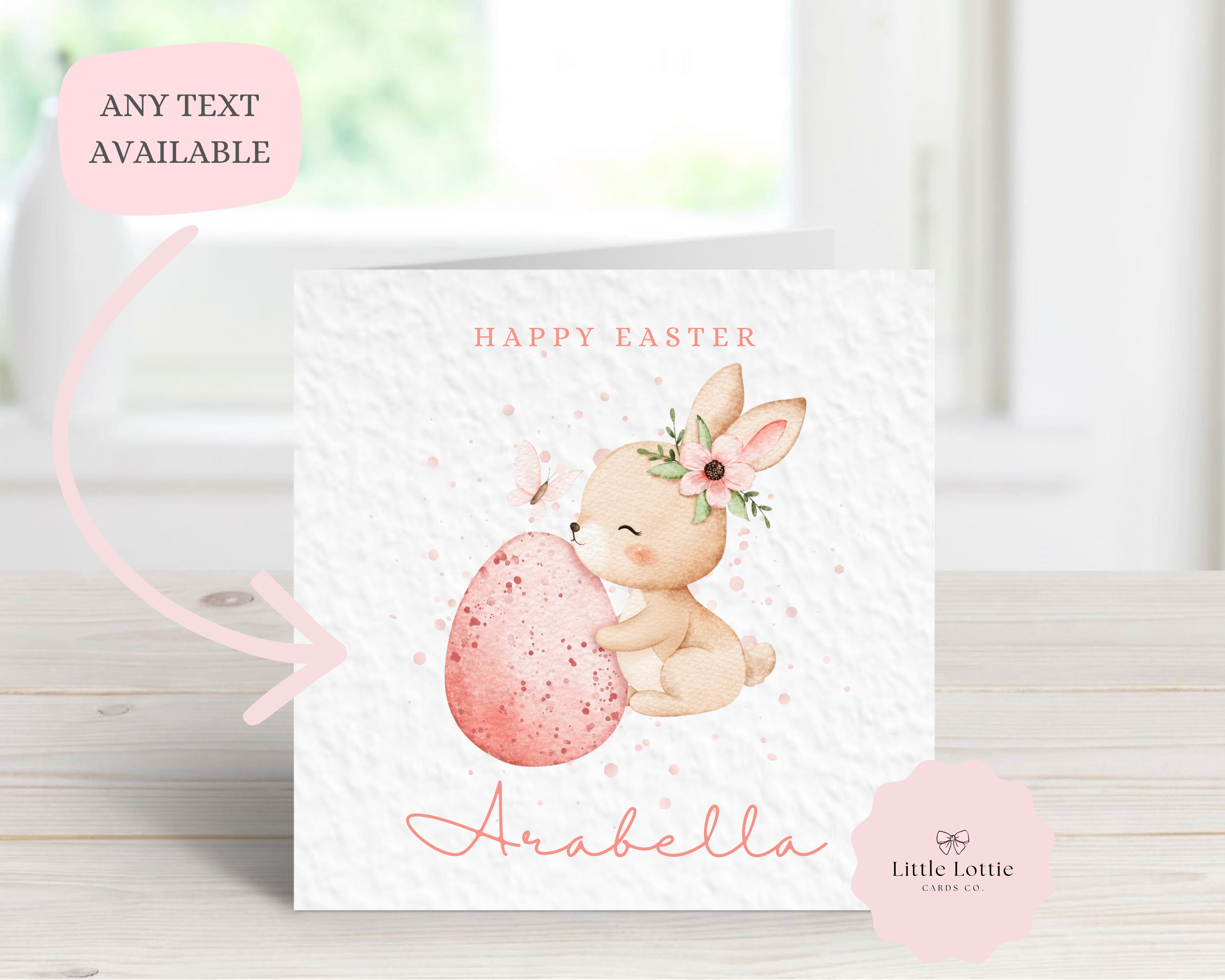 Personalised Easter Card - Cute Watercolor Bunny & Speckled Egg Illustration - Any Name - Custom Card for Son, Daughter, Grandchild or First Easter