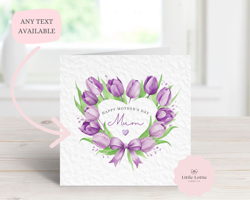 Personalised Mother’s Day Card - Purple Watercolor Tulip Heart Wreath - Custom Name & Relation - Luxury Card for Mum, Mummy, Nan or Grandma