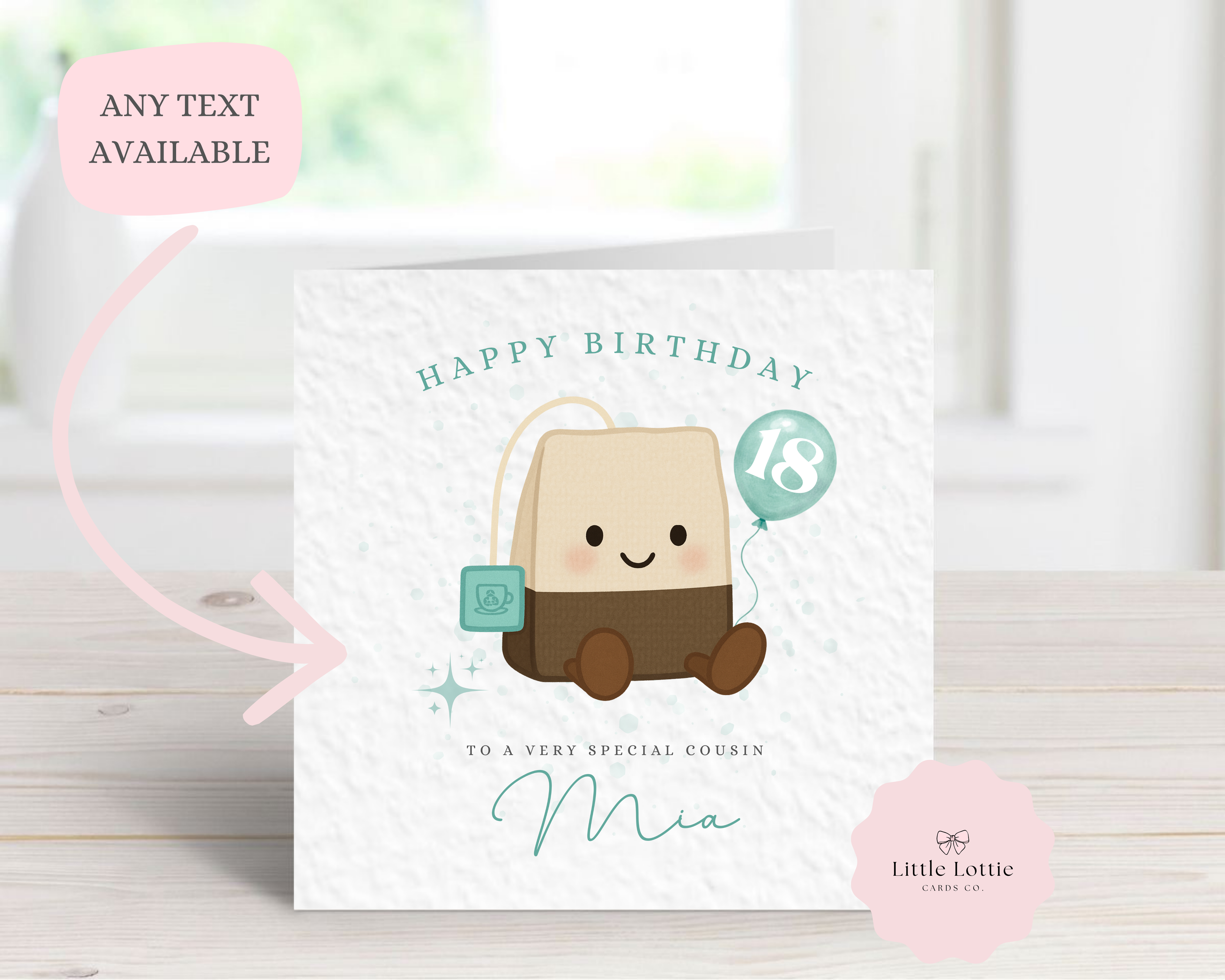 Personalised Tea Bag Birthday Card - Any Name & Age - Cute Kawaii Tea Illustration with Teal Balloon - Custom Birthday Card for Cousin, Sister, Friend - Large 6" Square