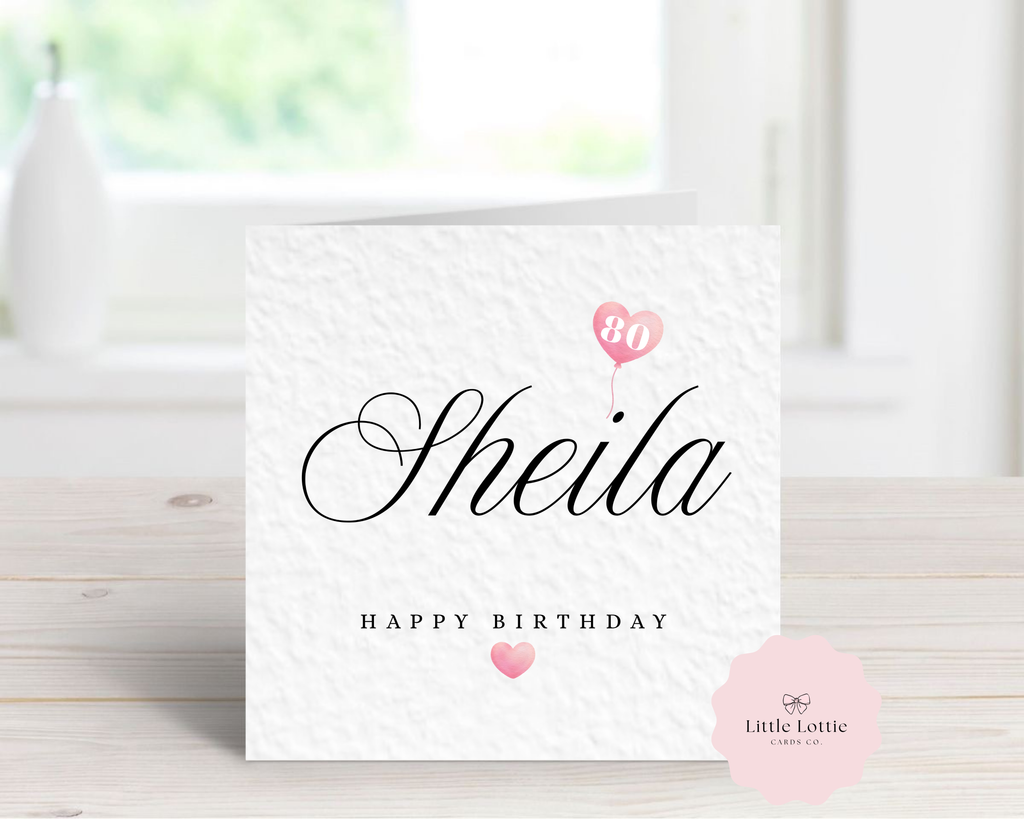 Personalised Milestone Birthday Card - Elegant Heart Balloon Design - Any Name & Any Age - Custom Card for Her, Mum, Nan, Friend - Large 6" Square