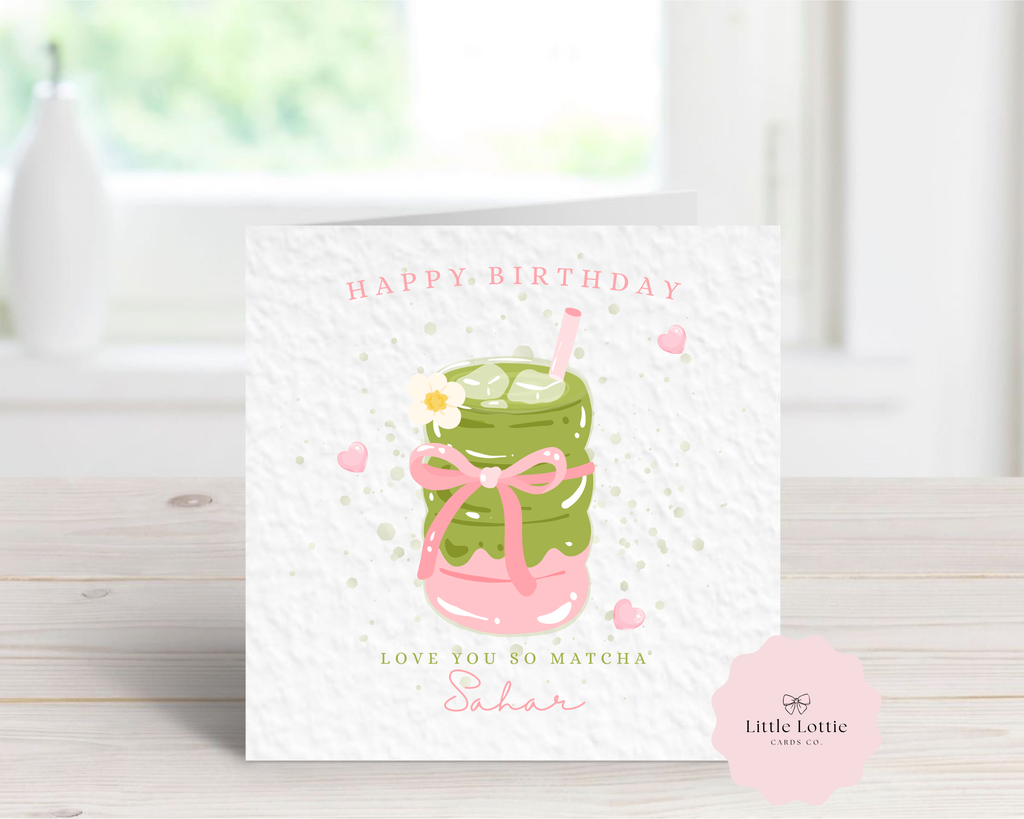Personalised "Love You So Matcha" Birthday Card - Aesthetic Fluted Glass Cup Design - Any Name - Custom Card for Best Friend, Daughter, Sister - Luxury 6" Square