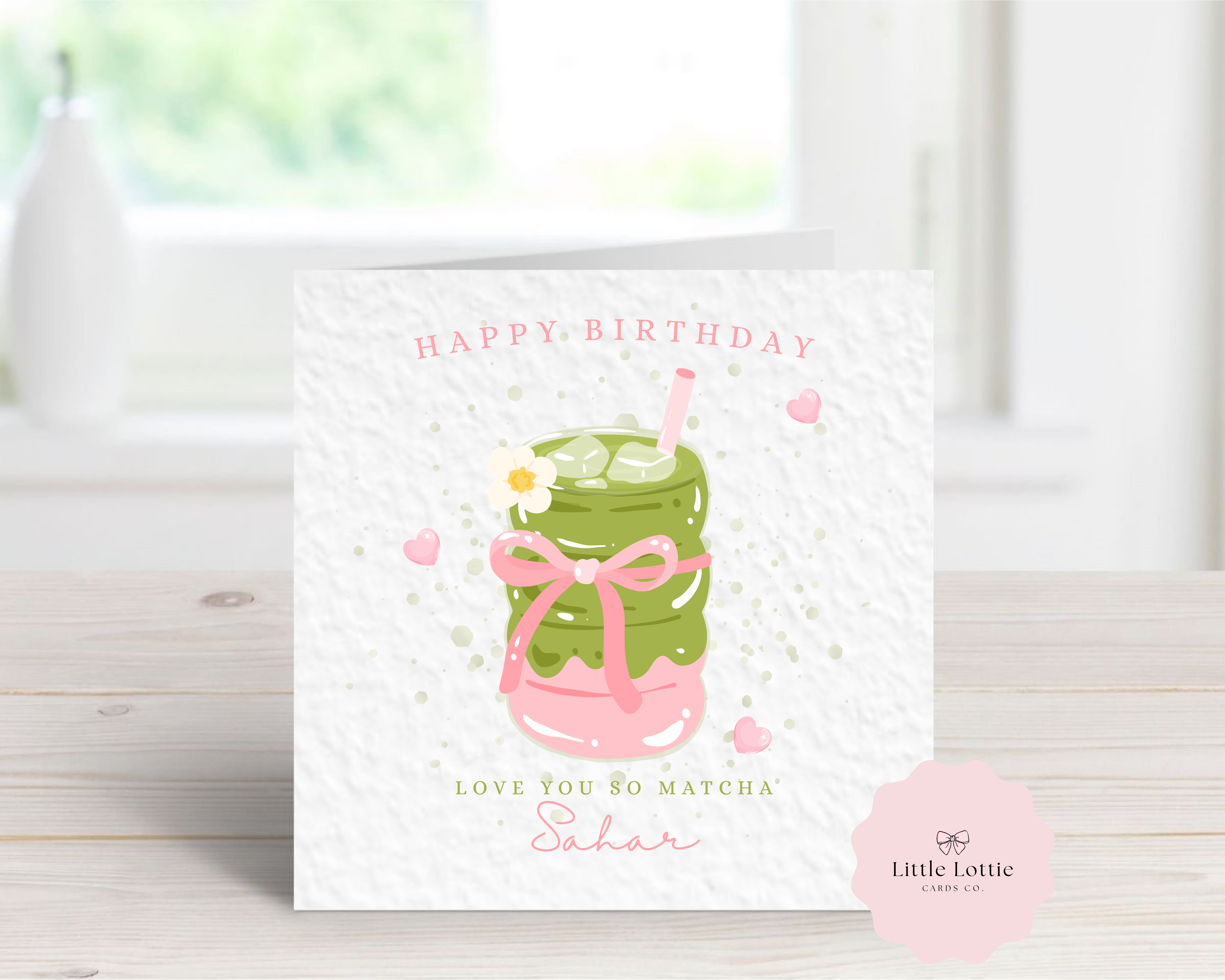 Personalised "Love You So Matcha" Birthday Card - Aesthetic Fluted Glass Cup Design - Any Name - Custom Card for Best Friend, Daughter, Sister - Luxury 6" Square