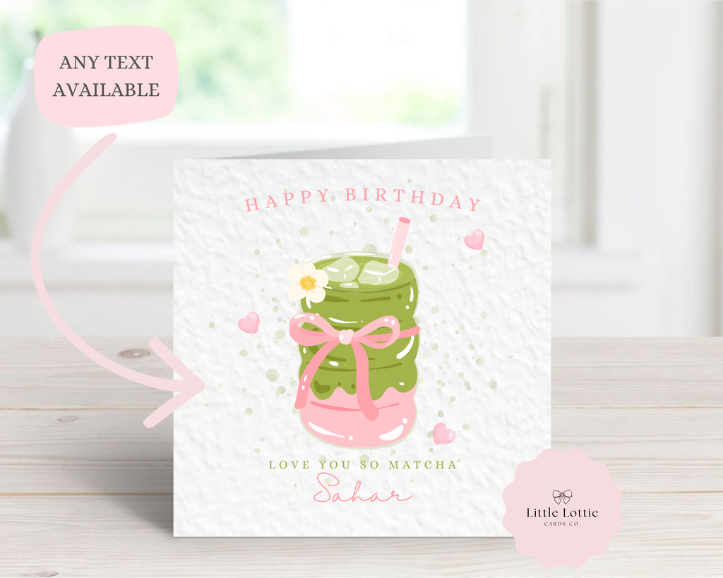 Personalised "Love You So Matcha" Birthday Card - Aesthetic Fluted Glass Cup Design - Any Name - Custom Card for Best Friend, Daughter, Sister - Luxury 6" Square