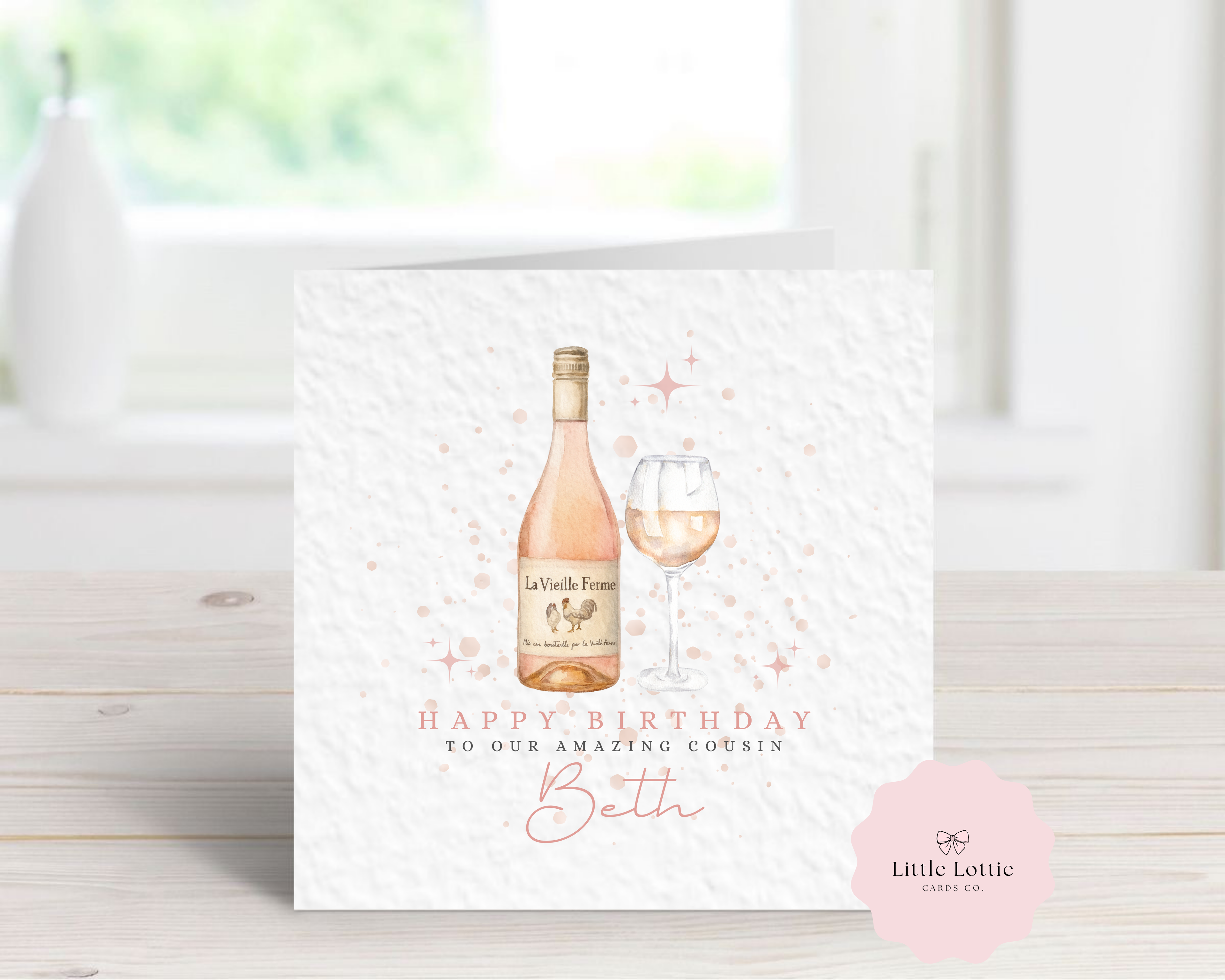 Personalised La Vieille Ferme Rosé Birthday Card - Watercolor Chicken Wine Bottle & Glass Design - Custom Name & Relation - Luxury 6" Square Card for Her, Cousin, Bestie