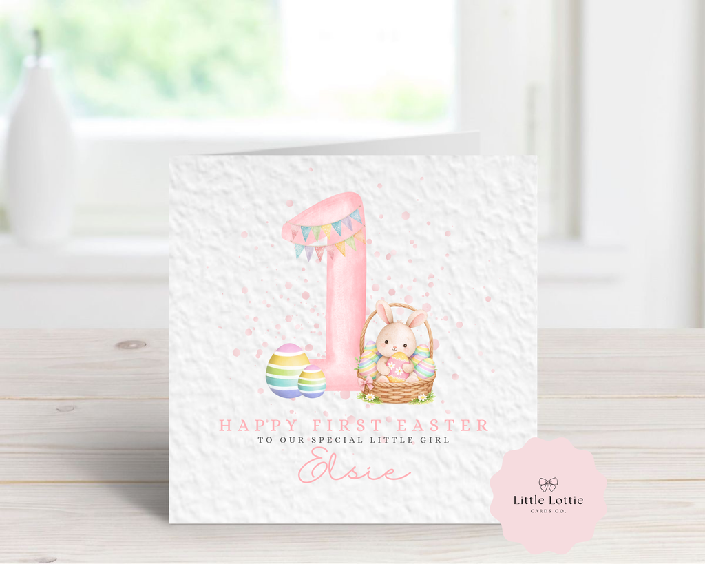 Personalised Baby's First Easter Card - Any Name & Relation - Luxury Pink Watercolor Bunny & Easter Eggs Illustration - Custom "First Easter" Card - Large 6" Square
