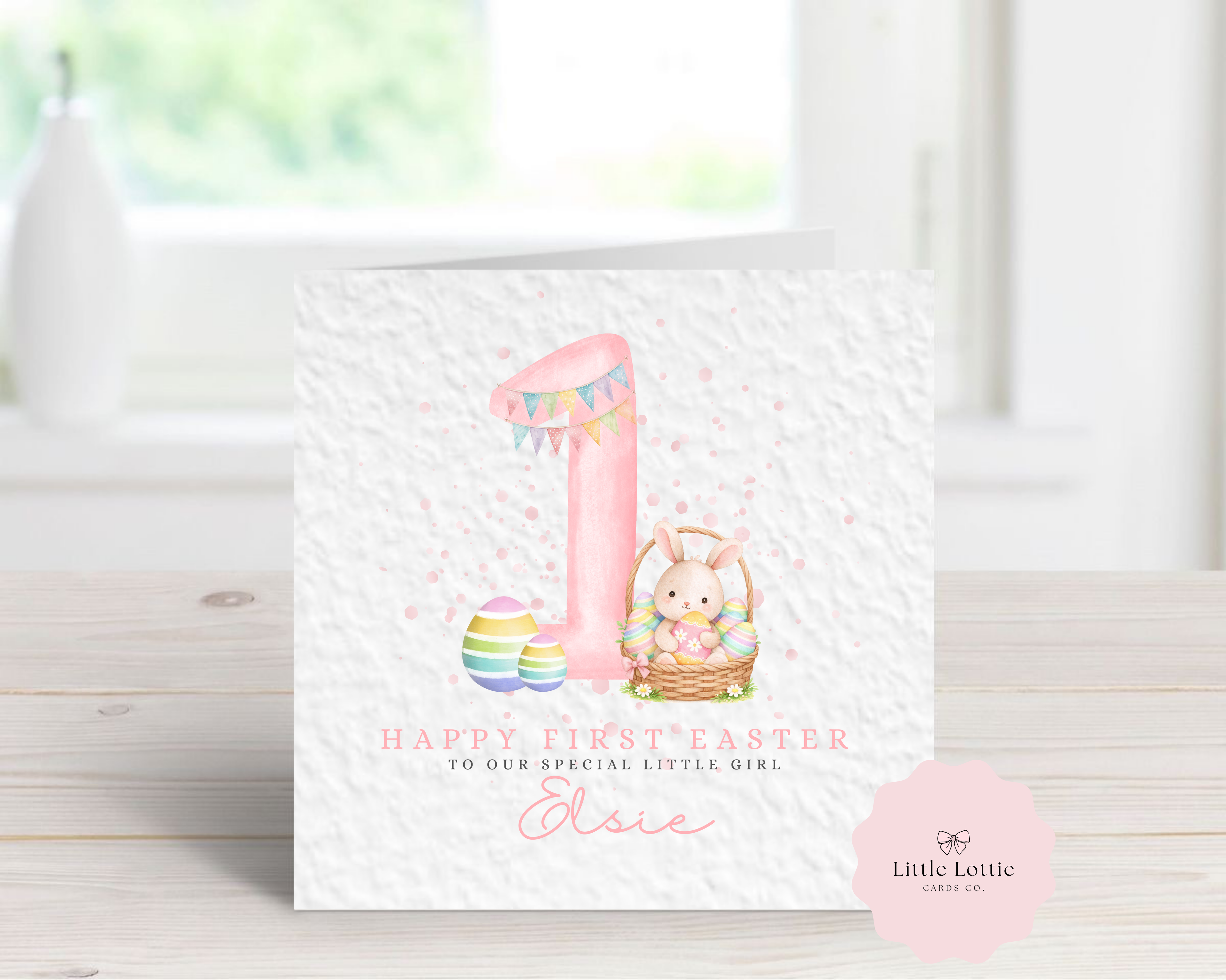 Personalised Baby's First Easter Card - Any Name & Relation - Luxury Pink Watercolor Bunny & Easter Eggs Illustration - Custom "First Easter" Card - Large 6" Square
