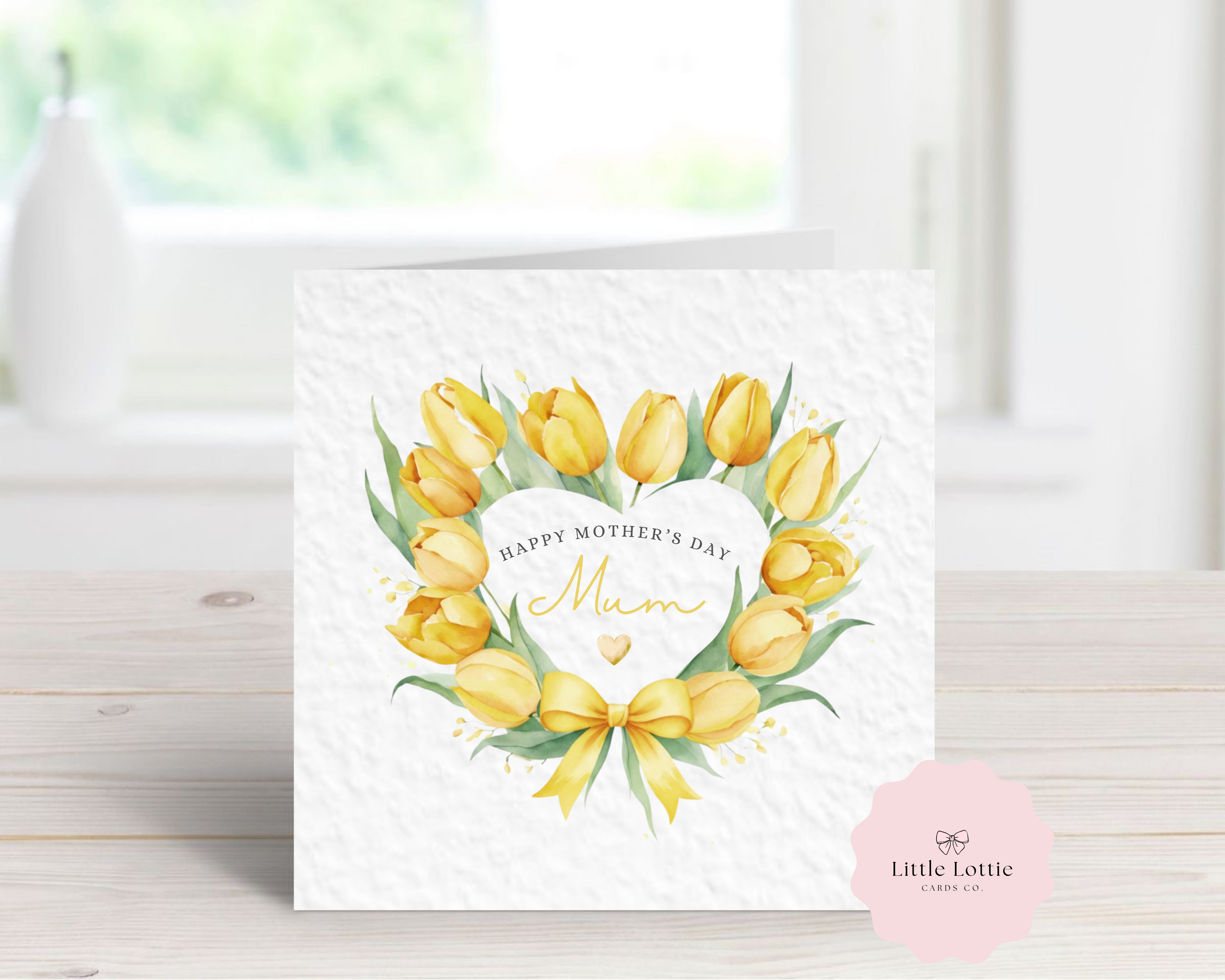 Personalised Mother’s Day Card - Yellow Watercolor Tulip Heart Wreath - Custom Name & Relation - Luxury Card for Mum, Mummy, Nan or Grandma