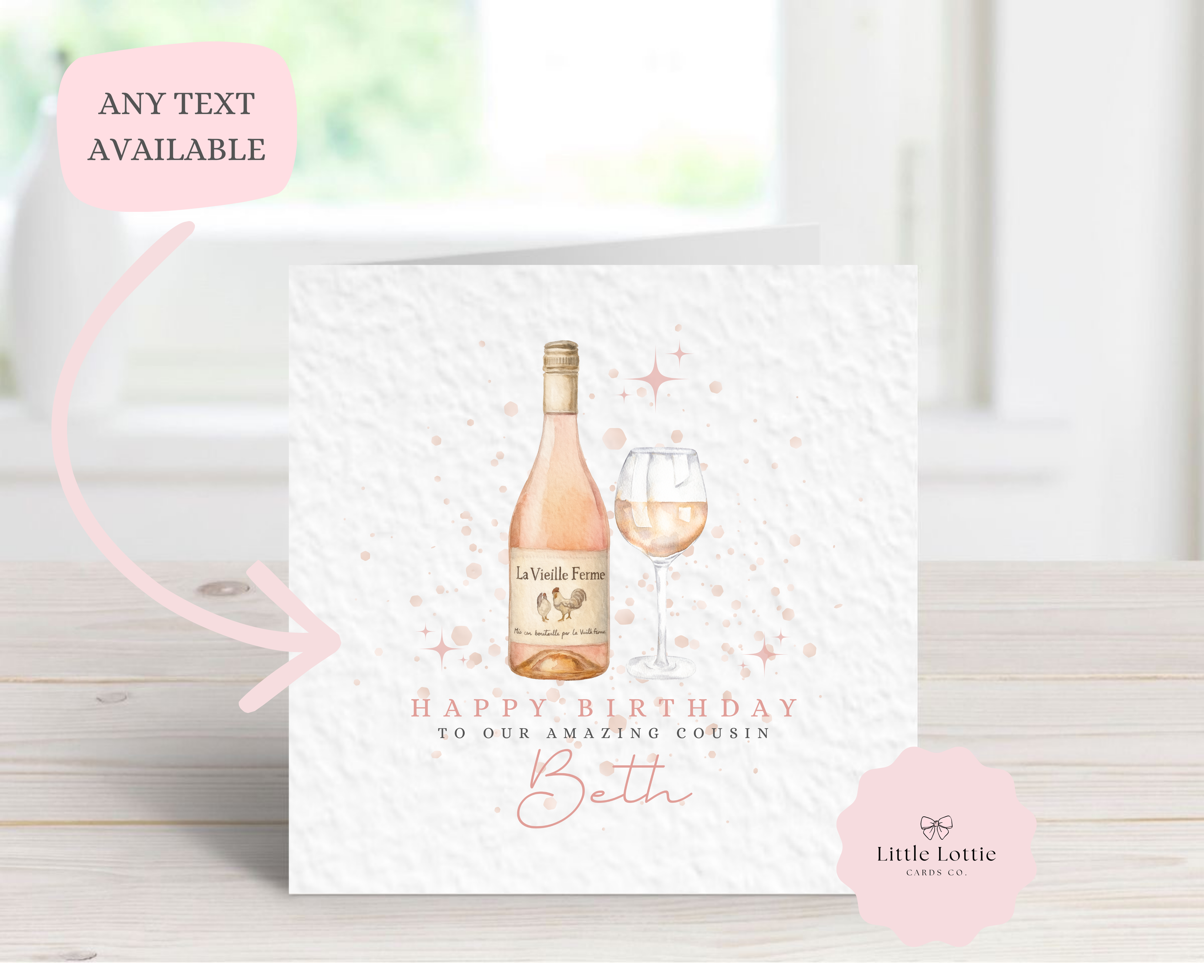 Personalised La Vieille Ferme Rosé Birthday Card - Watercolor Chicken Wine Bottle & Glass Design - Custom Name & Relation - Luxury 6" Square Card for Her, Cousin, Bestie