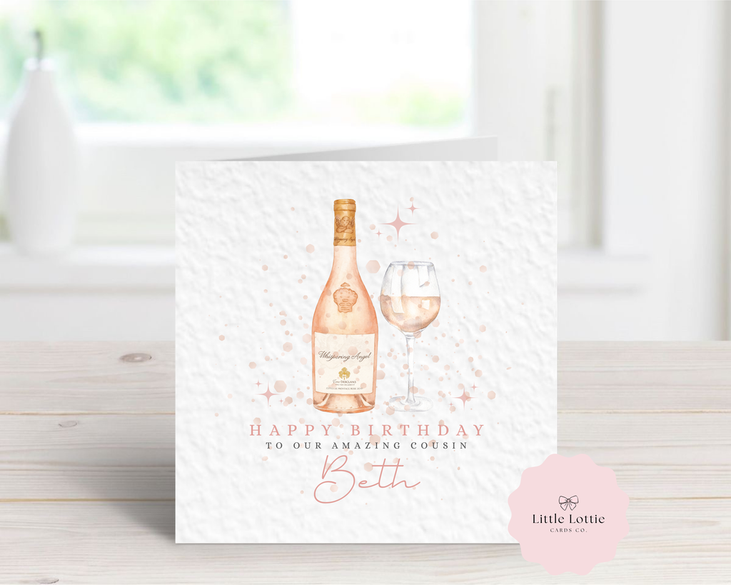 Personalised Whispering Angel Birthday Card - Watercolor Rosé Wine Bottle & Glass Design - Custom Name & Relation - Luxury 6" Square Card for Her, Cousin, Best Friend