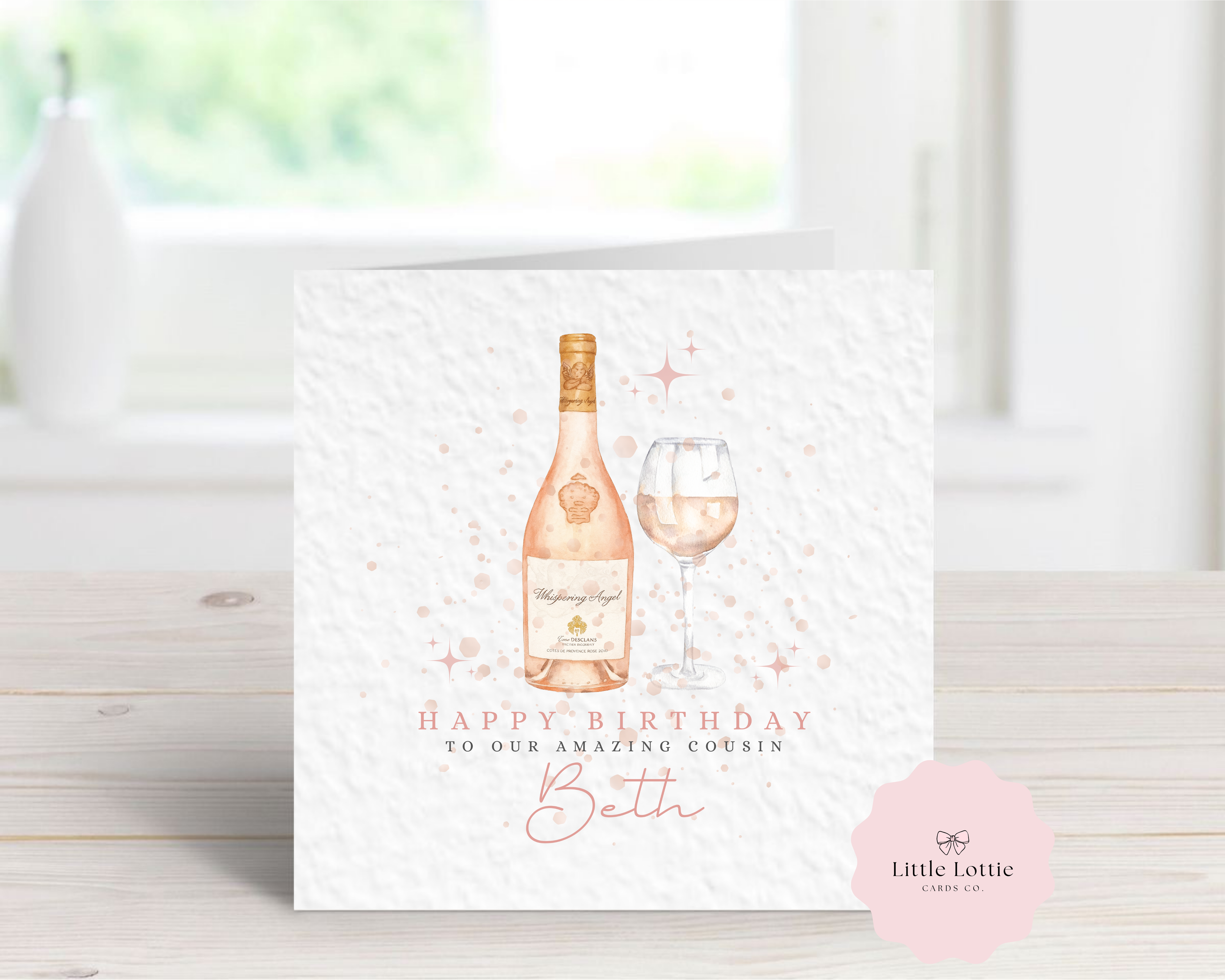 Personalised Whispering Angel Birthday Card - Watercolor Rosé Wine Bottle & Glass Design - Custom Name & Relation - Luxury 6" Square Card for Her, Cousin, Best Friend