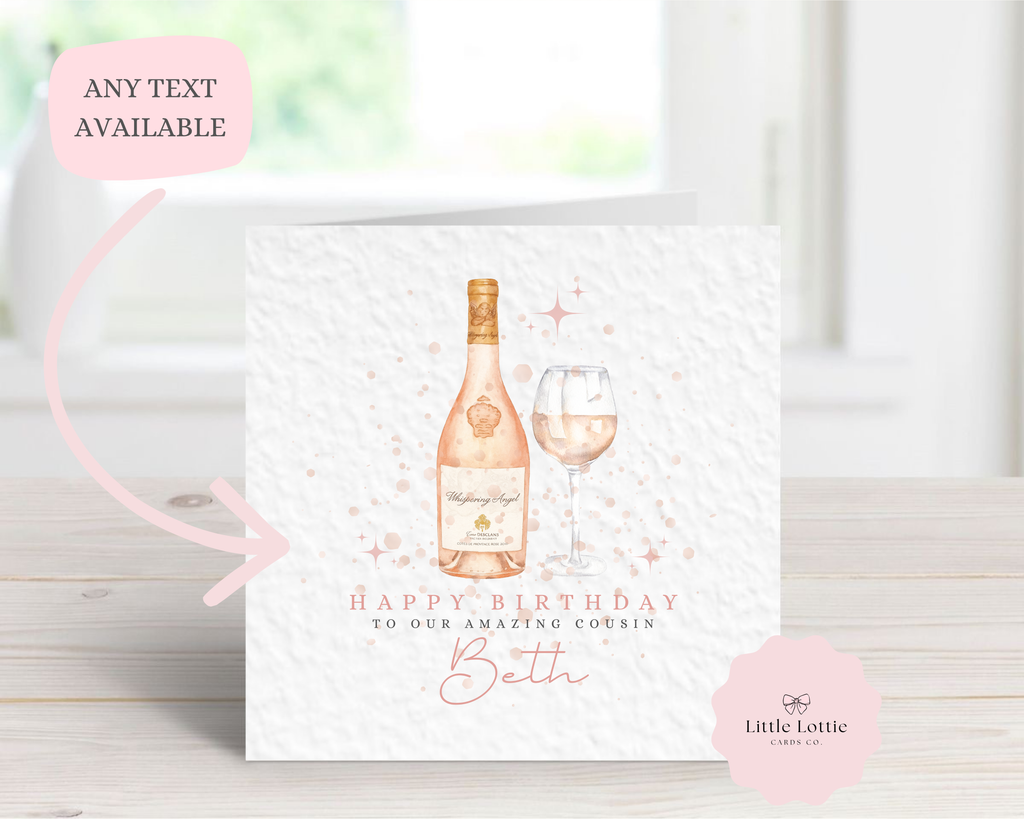 Personalised Whispering Angel Birthday Card - Watercolor Rosé Wine Bottle & Glass Design - Custom Name & Relation - Luxury 6" Square Card for Her, Cousin, Best Friend
