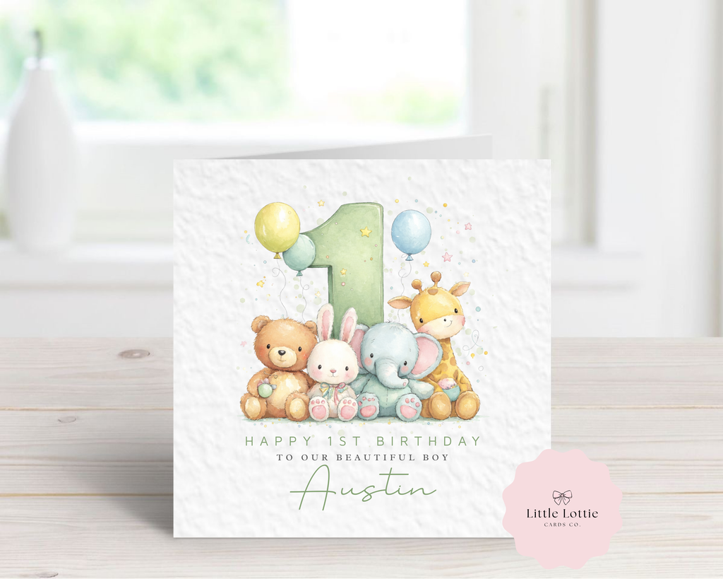 Personalised Boy's 1st Birthday Card - Watercolour Jungle & Woodland Animals Design