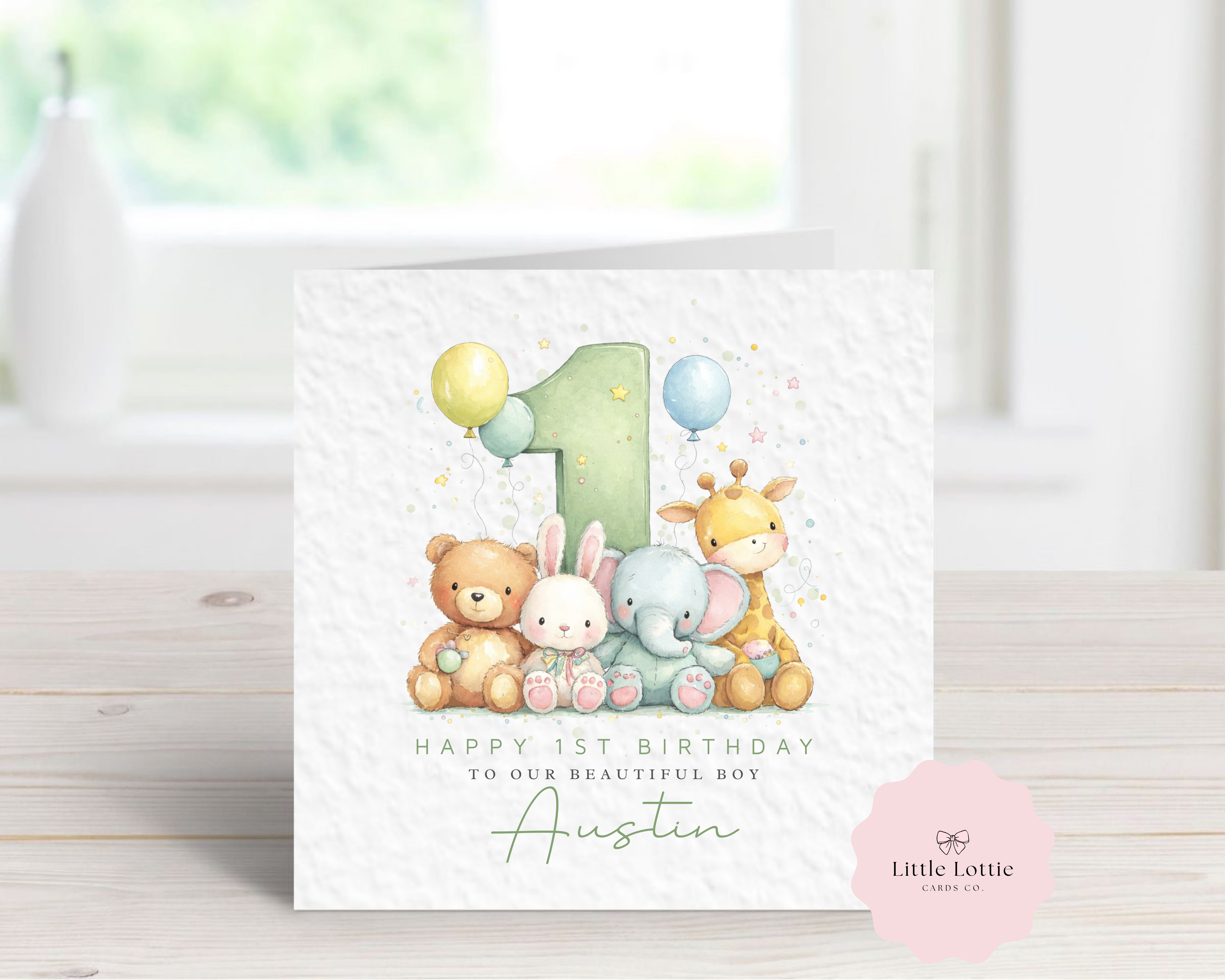 Personalised Boy's 1st Birthday Card - Watercolour Jungle & Woodland Animals Design