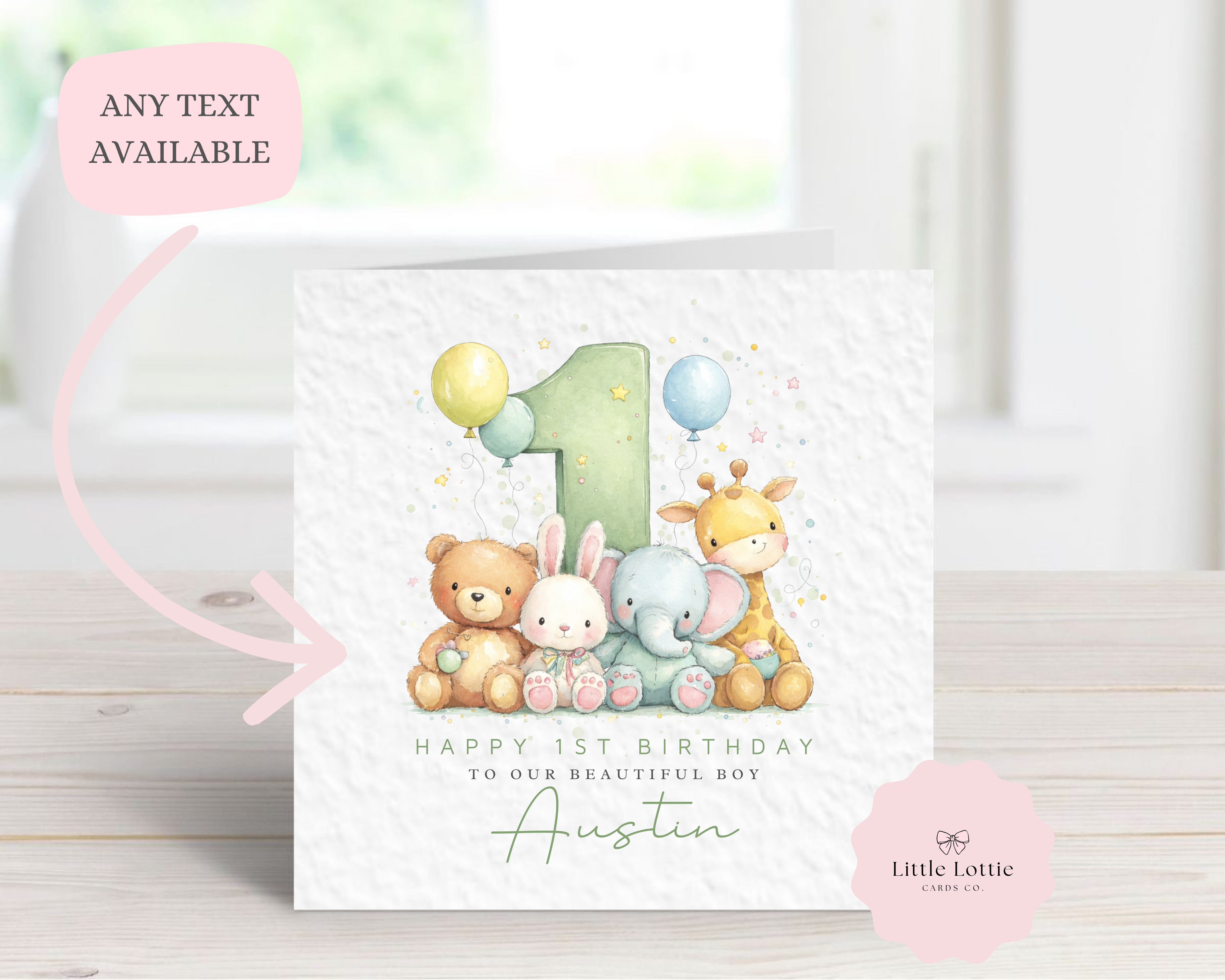 Personalised Boy's 1st Birthday Card - Watercolour Jungle & Woodland Animals Design