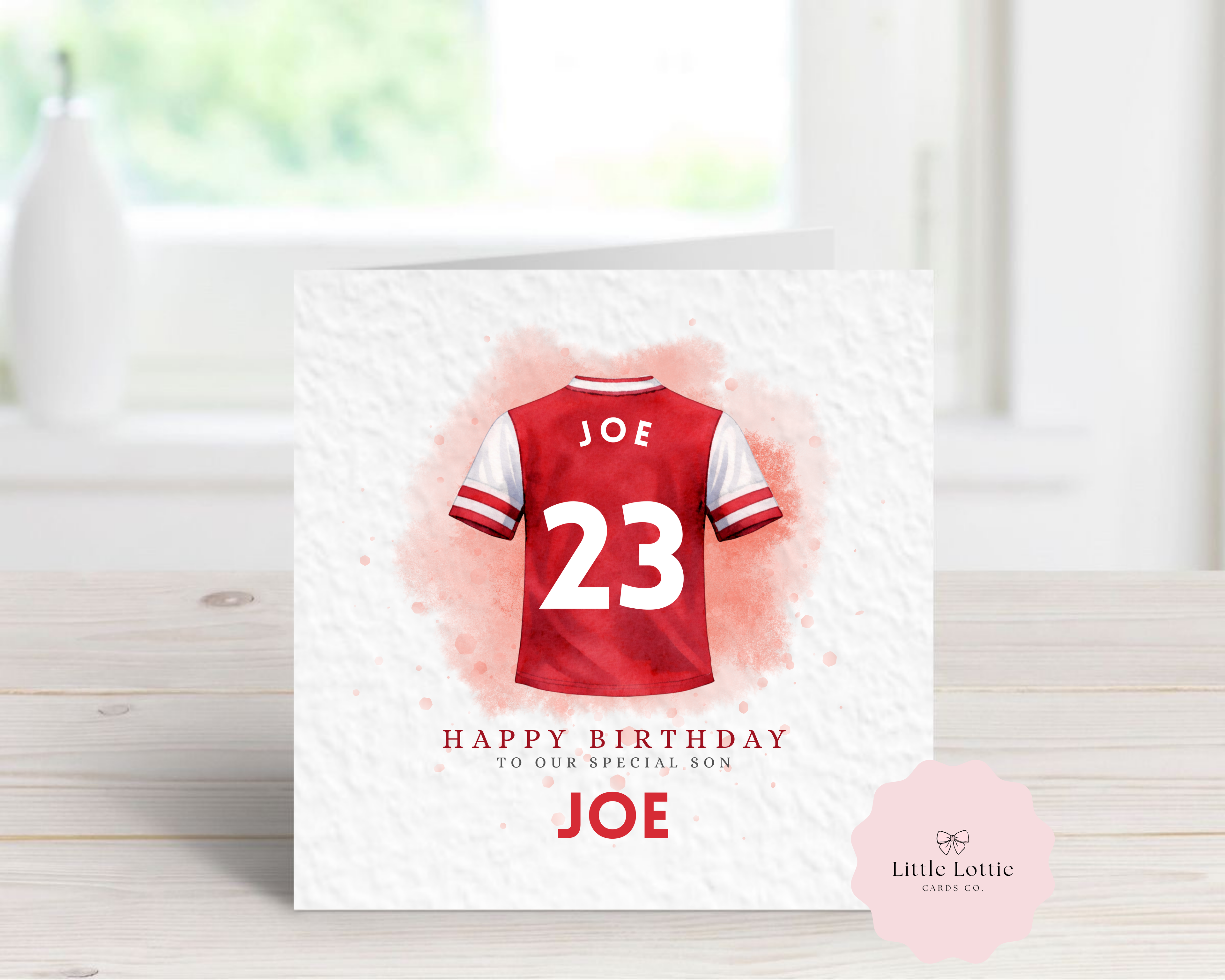Personalised Arsenal Themed Football Shirt Birthday Card - Red & White Kit Design - Custom Name, Age & Relation - Luxury 6" Square Card for Son, Grandson, Brother