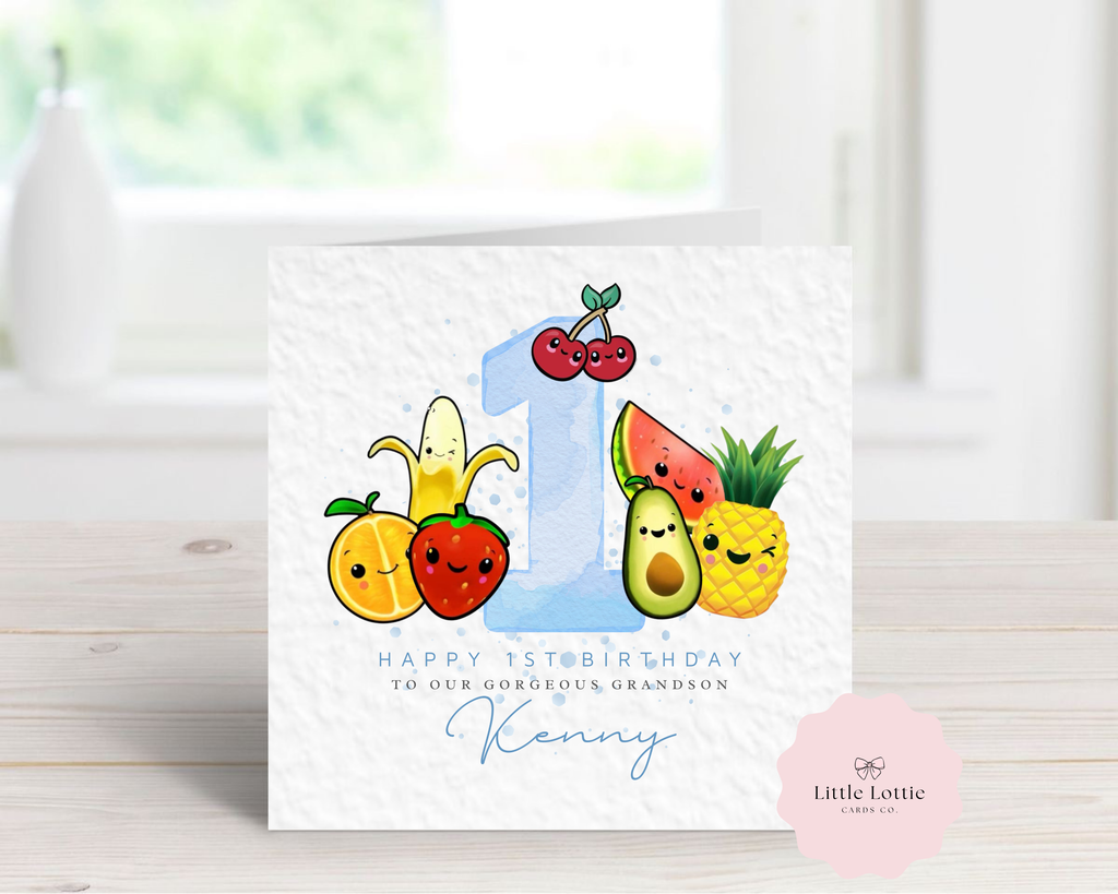 Personalised Dancing Fruit Birthday Card - Blue Watercolor Number