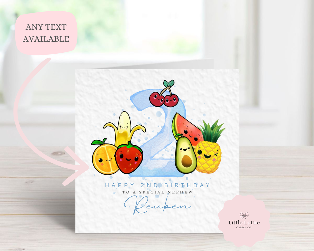 Personalised Dancing Fruit Birthday Card - Blue Watercolor Number