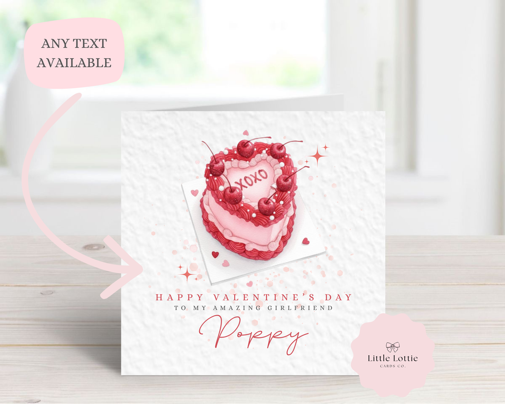 Personalised Valentine’s Day Card - Any Name & Relation - Trendy Vintage Heart Cake Illustration - Custom Card for Girlfriend, Wife or Fiancée