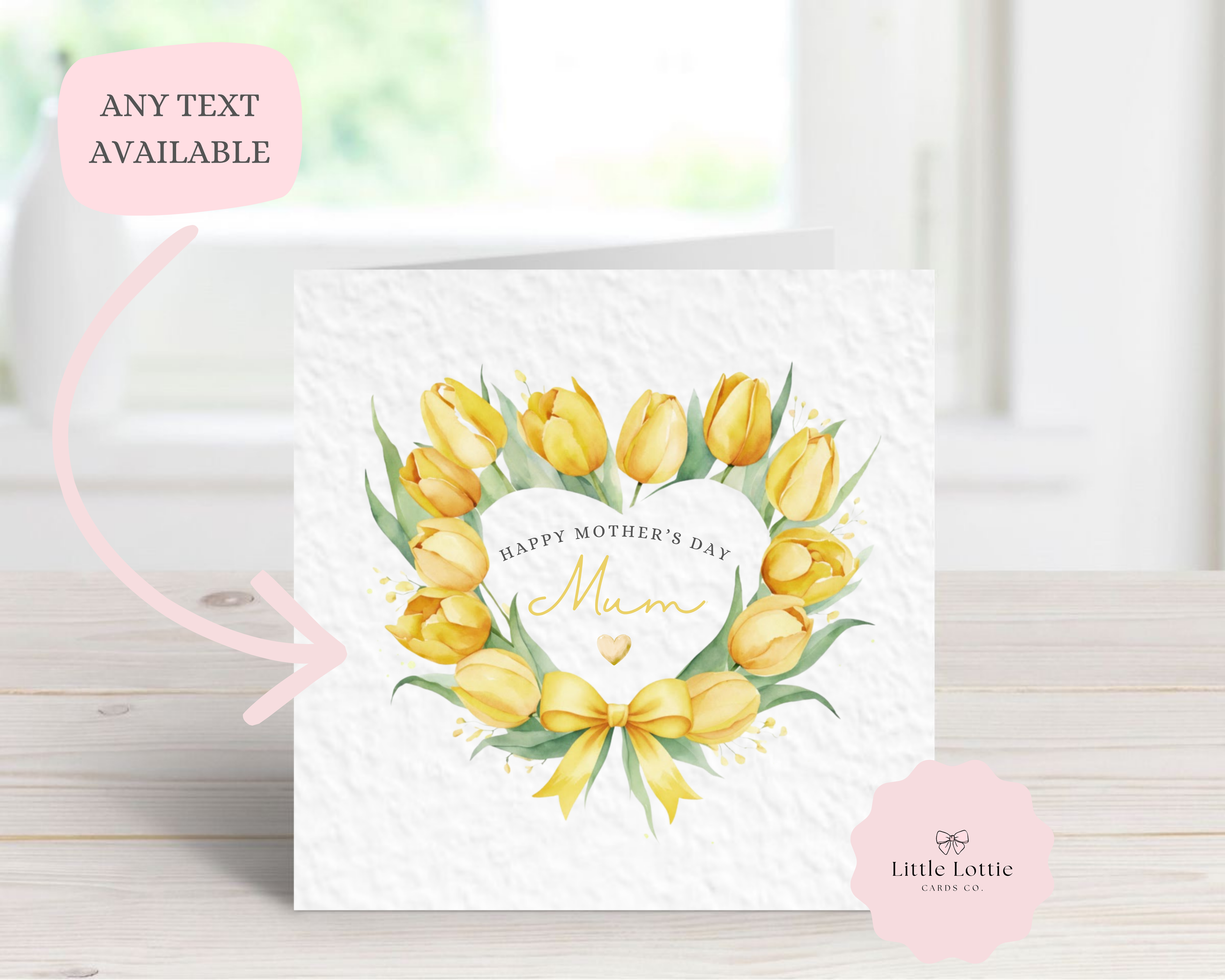 Personalised Mother’s Day Card - Yellow Watercolor Tulip Heart Wreath - Custom Name & Relation - Luxury Card for Mum, Mummy, Nan or Grandma