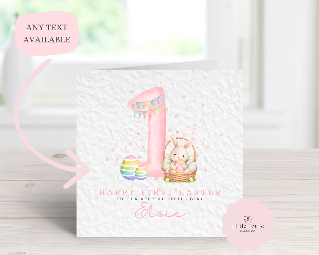 Personalised Baby's First Easter Card - Any Name & Relation - Luxury Pink Watercolor Bunny & Easter Eggs Illustration - Custom "First Easter" Card - Large 6" Square