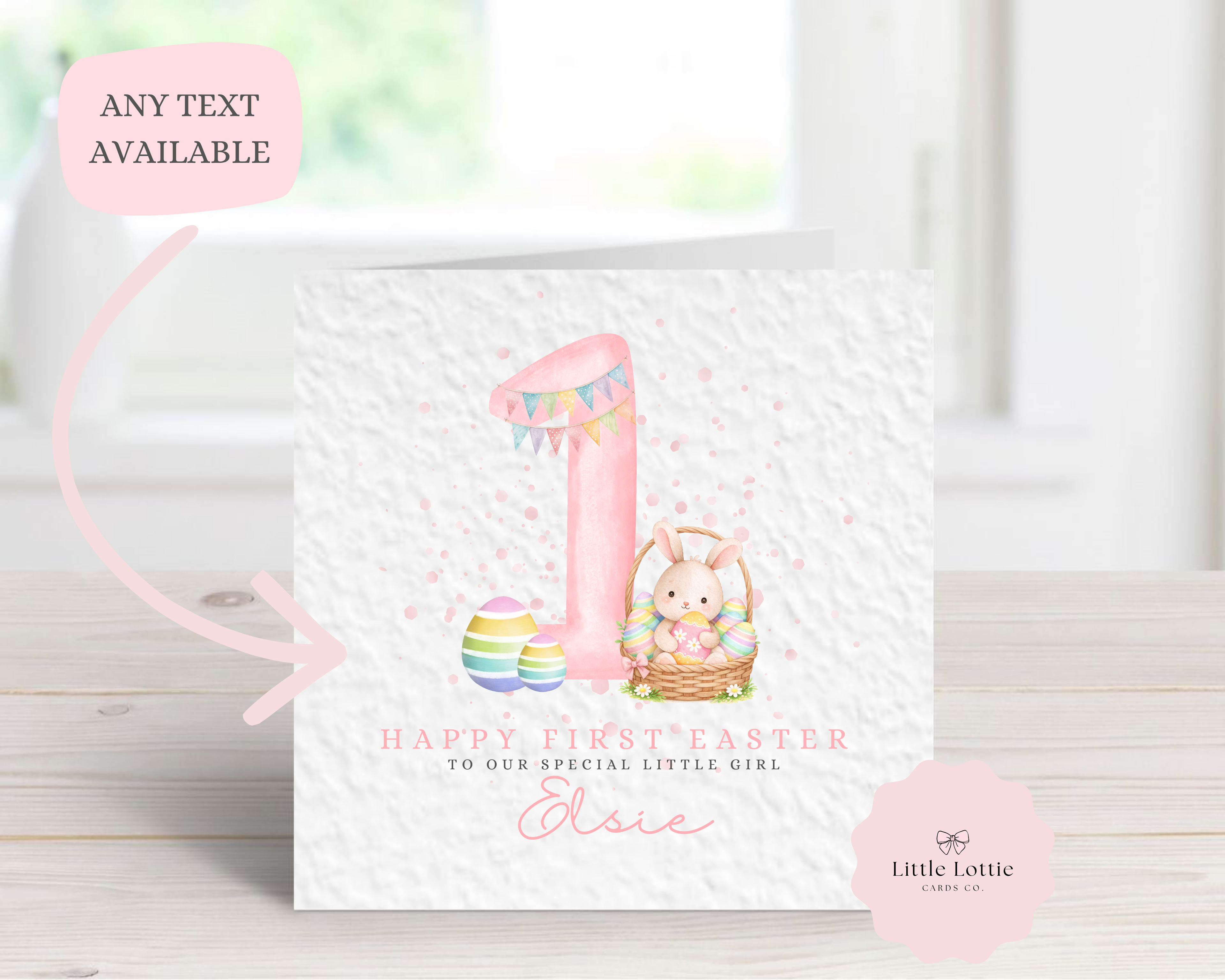 Personalised Baby's First Easter Card - Any Name & Relation - Luxury Pink Watercolor Bunny & Easter Eggs Illustration - Custom "First Easter" Card - Large 6" Square