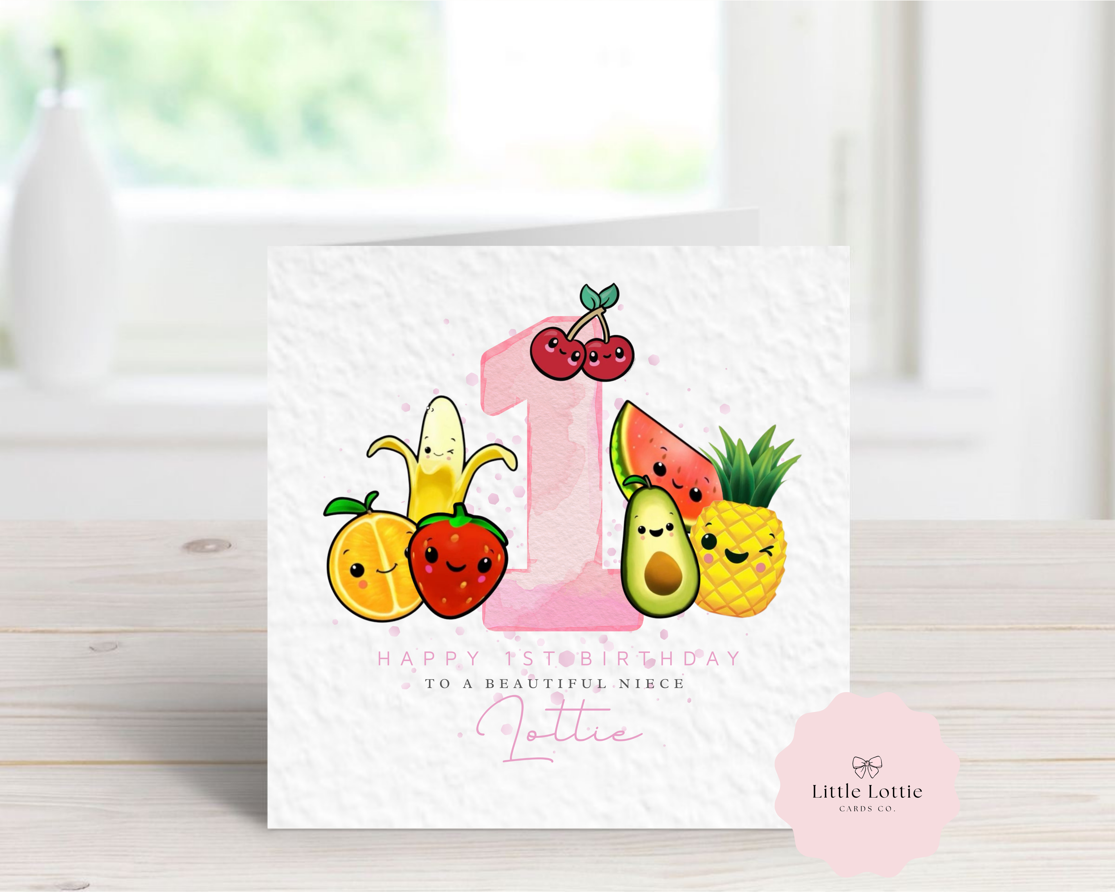 Personalised Pink Birthday Card - Watercolour Dancing Fruit Design