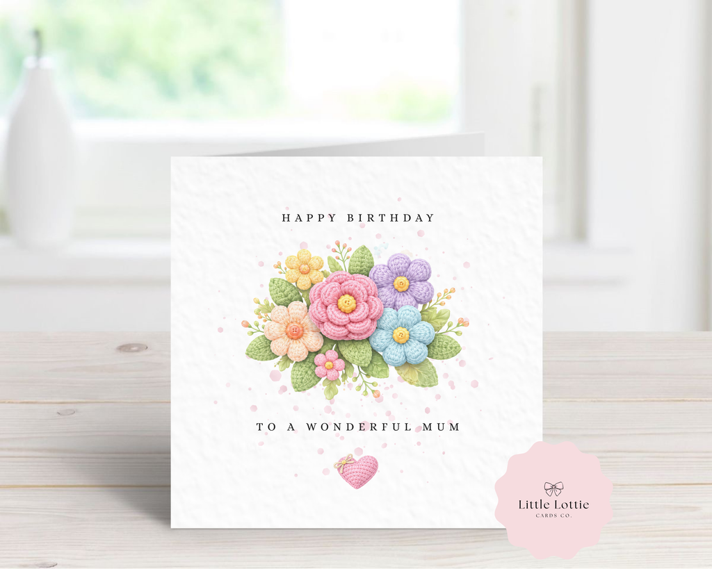Personalised Crochet Flower Bouquet Birthday Card - Any Relation & Name - Handcrafted Style 3D Effect Design - Luxury 6" Square Card for Mum, Nan, Sister, Friend