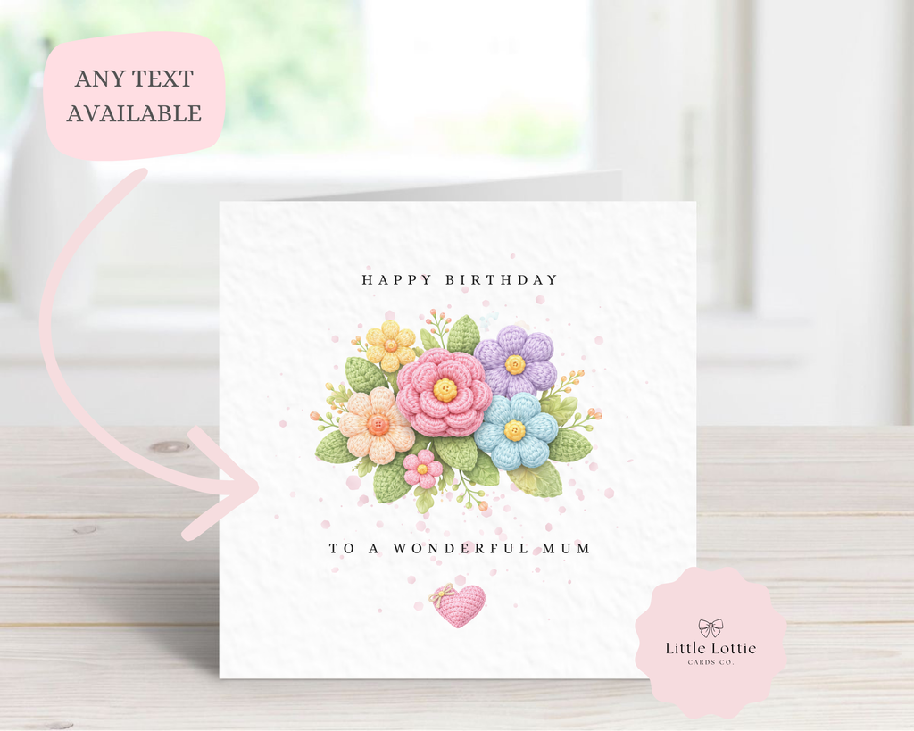 Personalised Crochet Flower Bouquet Birthday Card - Any Relation & Name - Handcrafted Style 3D Effect Design - Luxury 6" Square Card for Mum, Nan, Sister, Friend