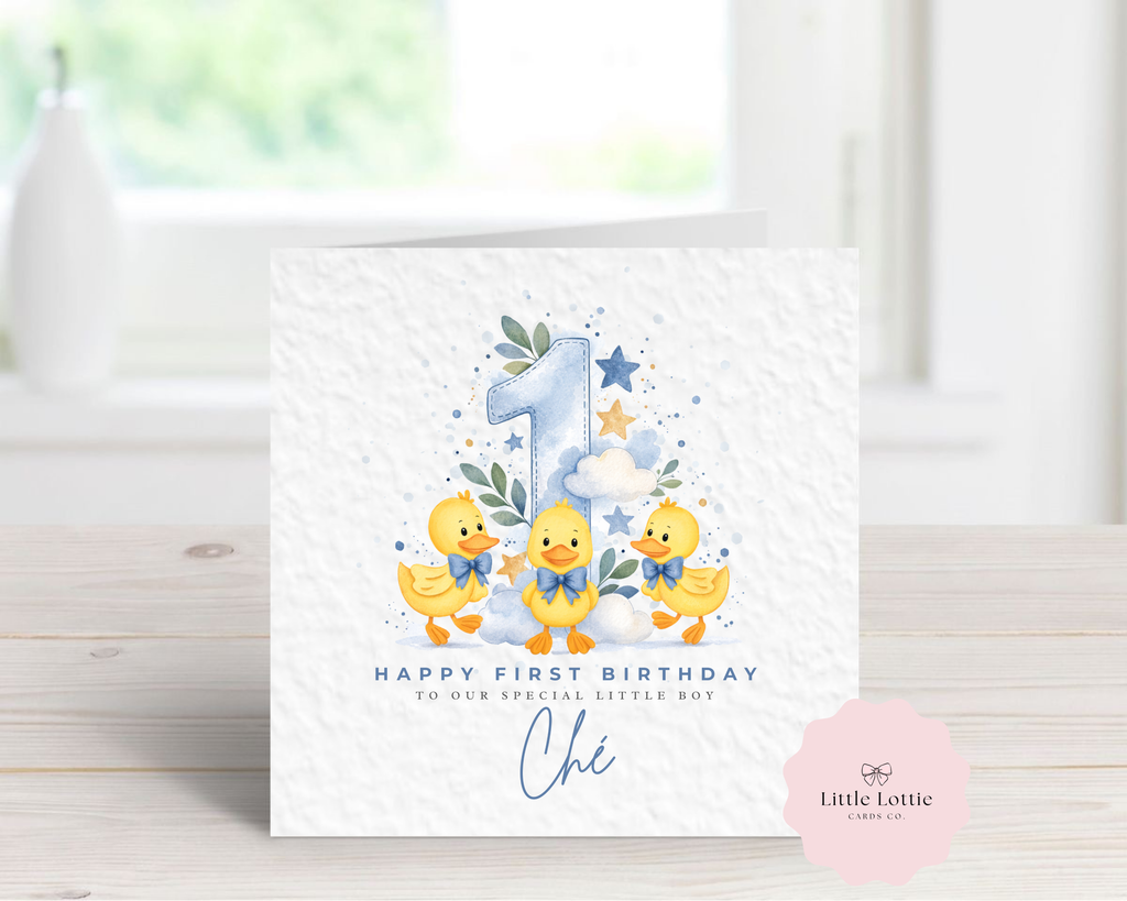 Personalised Three Little Ducks Birthday Card - Watercolour Ducky Bowtie Design