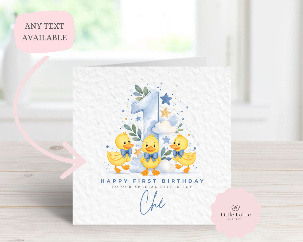 Personalised Three Little Ducks Birthday Card - Watercolour Ducky Bowtie Design