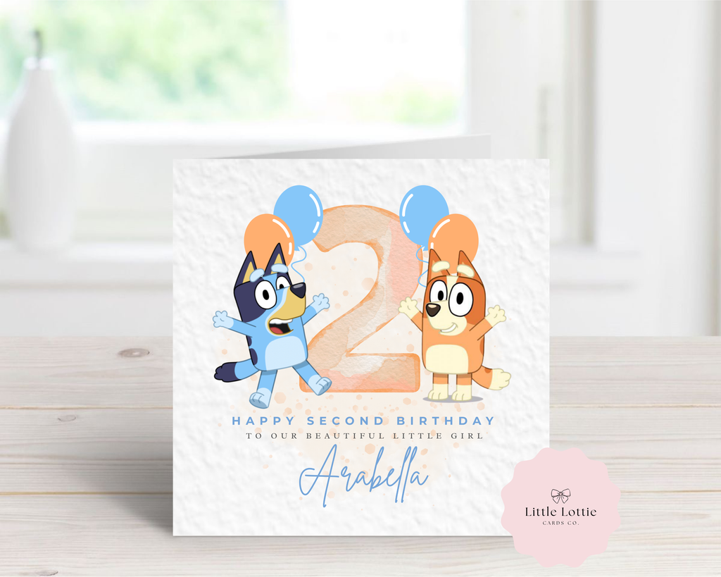 Personalised Bluey & Bingo Birthday Card - Orange Watercolour Number Design