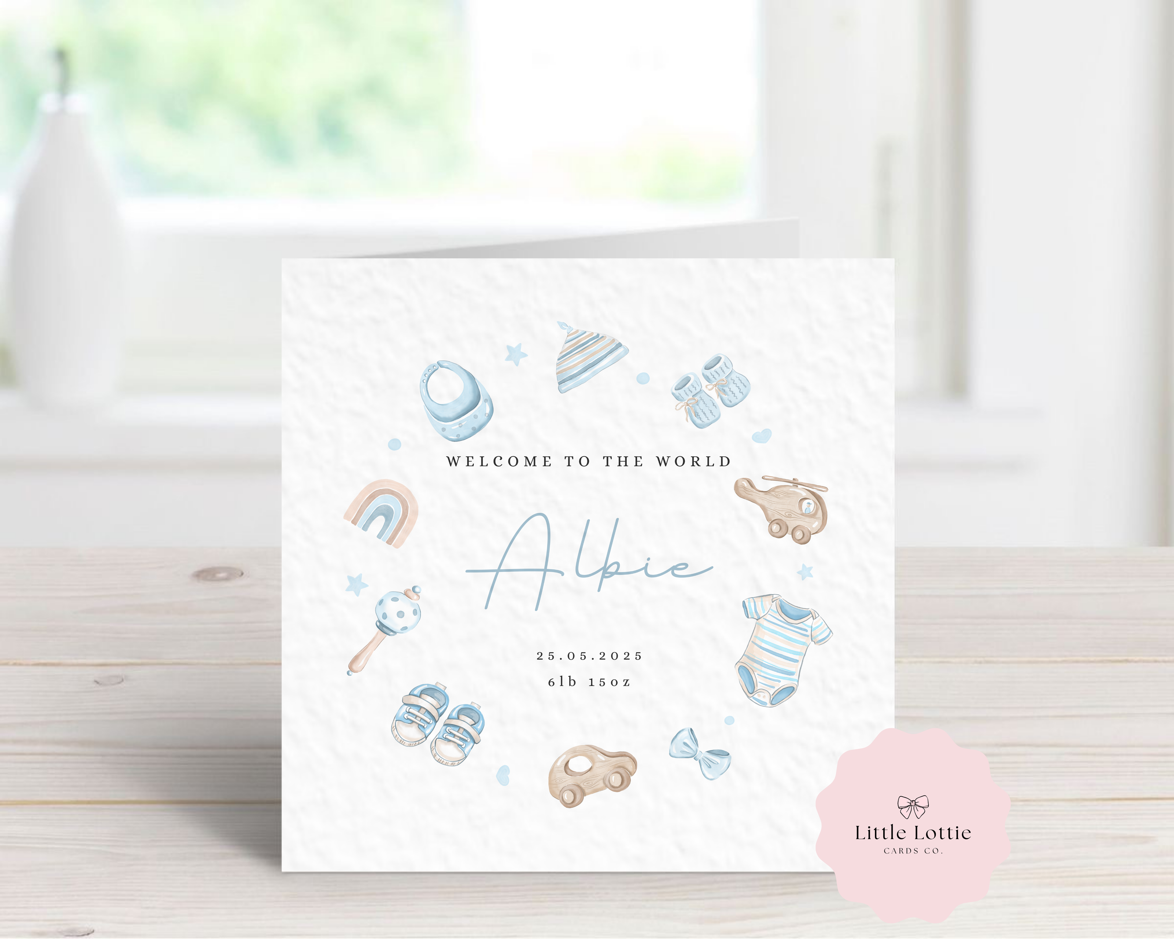 Personalised New Baby Boy Card - Blue Nursery Birth Details - Custom Name, Date & Weight Keepsake