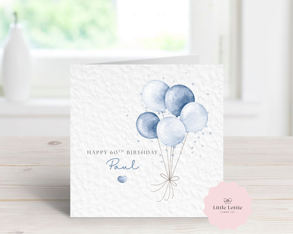 Personalised 60th Birthday Card - Blue Watercolour Balloons Design