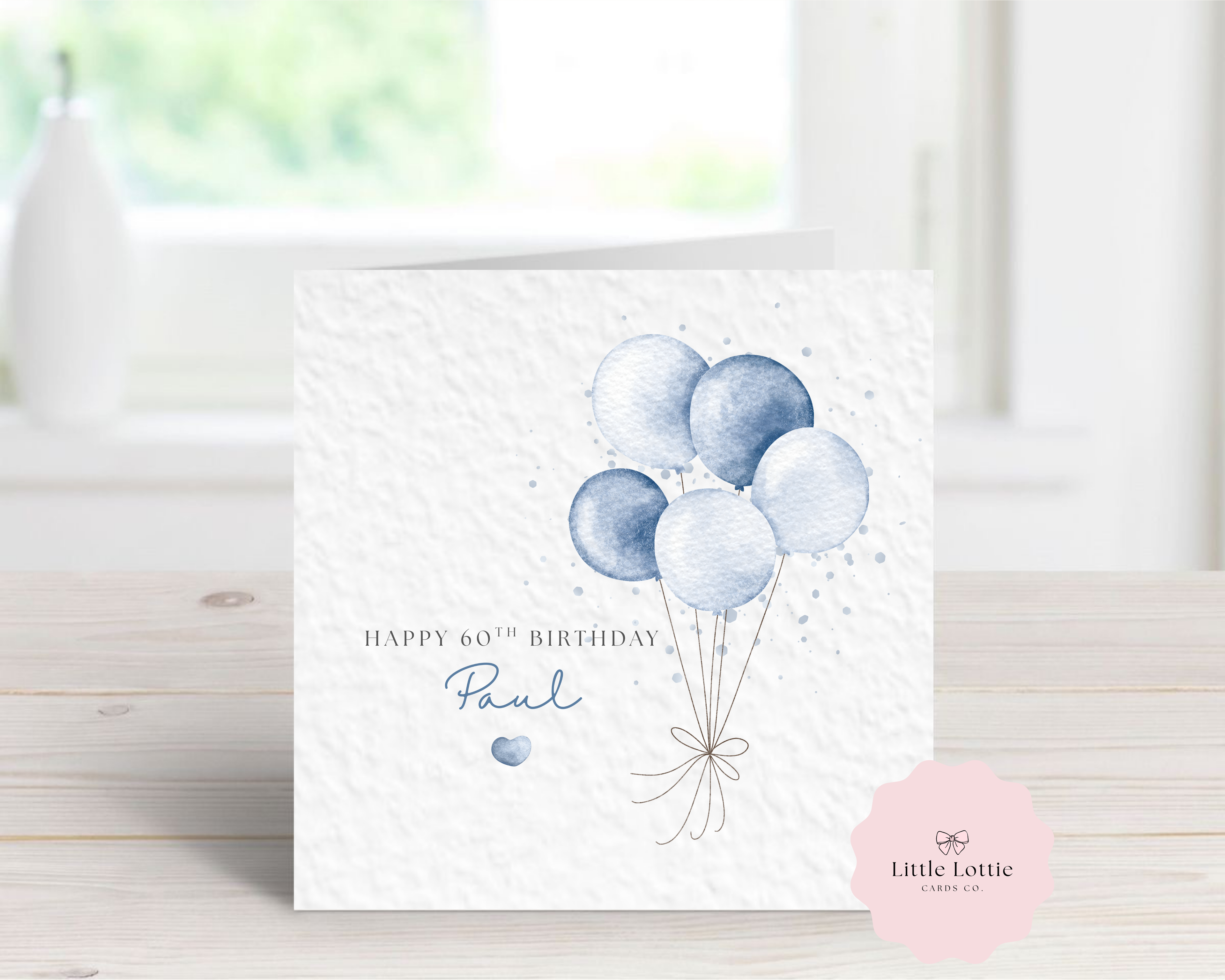 Personalised 60th Birthday Card - Blue Watercolour Balloons Design