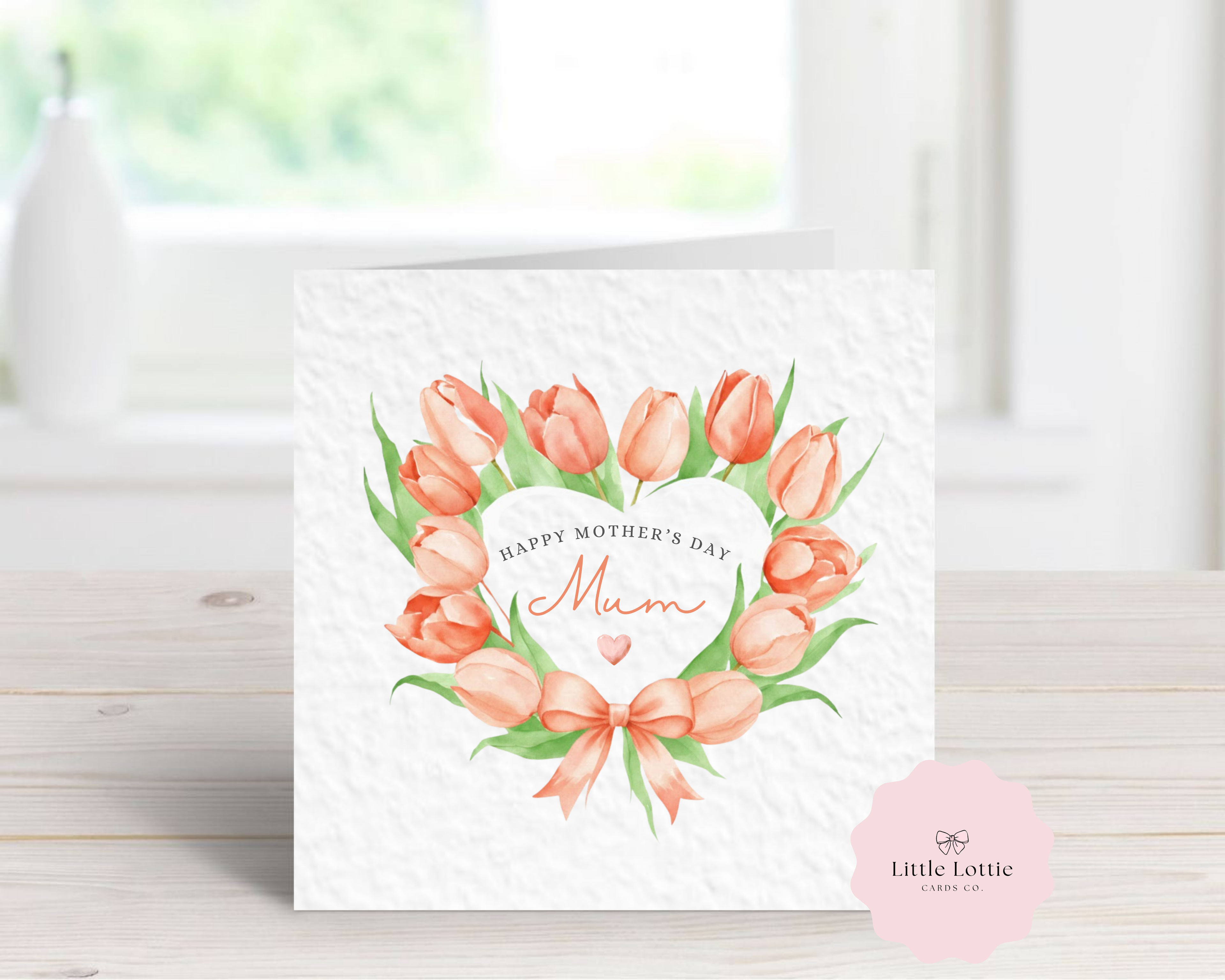 Personalised Mother’s Day Card - Peach Watercolor Tulip Heart Wreath - Custom Name & Relation - Luxury Card for Mum, Mummy, Nan or Grandma